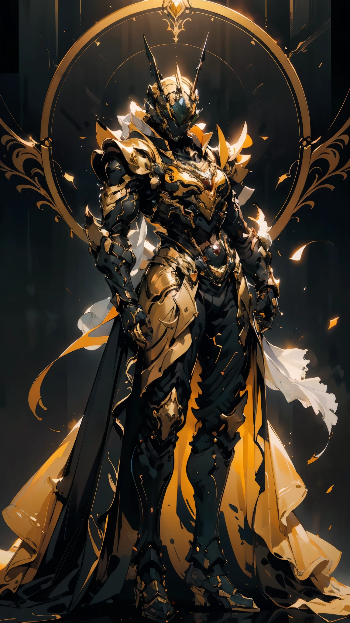 A woman adorned in fantasy-style full-body armor, a crown-concept fully enclosed helmet that unveils only her eyes, a composite layered chest plate, fully encompassing shoulder and hand guards, a lightweight waist armor, form-fitting shin guards, the overall design is heavy-duty yet flexible, (the armor gleams with a golden glow, complemented by red and blue accents), exhibiting a noble aura, she floats above a fantasy-surreal high-tech city, this character embodies a finely crafted fantasy-surreal style armored hero in anime style, exquisite and mature manga art style, (mixture of Queen bee and Spider concept Armor, plasma), ((Element, elegant, goddess, femminine:1.5)), metallic, high definition, best quality, highres, ultra-detailed, ultra-fine painting, extremely delicate, professional, anatomically correct, symmetrical face, extremely detailed eyes and face, high quality eyes, creativity, RAW photo, UHD, 32k, Natural light, cinematic lighting, masterpiece-anatomy-perfect, masterpiece:1.5