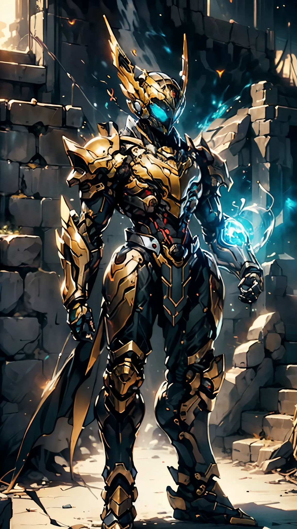 A woman adorned in fantasy-style full-body armor, a crown-concept fully enclosed helmet that unveils only her eyes, a composite layered chest plate, fully encompassing shoulder and hand guards, a lightweight waist armor, form-fitting shin guards, the overall design is heavy-duty yet flexible, (the armor gleams with a golden glow, complemented by red and blue accents), exhibiting a noble aura, she floats above a fantasy-surreal high-tech city, this character embodies a finely crafted fantasy-surreal style armored hero in anime style, exquisite and mature manga art style, (mixture of Queen bee and Spider concept Armor, plasma), ((Element, elegant, goddess, femminine:1.5)), metallic, high definition, best quality, highres, ultra-detailed, ultra-fine painting, extremely delicate, professional, anatomically correct, symmetrical face, extremely detailed eyes and face, high quality eyes, creativity, RAW photo, UHD, 32k, Natural light, cinematic lighting, masterpiece-anatomy-perfect, masterpiece:1.5