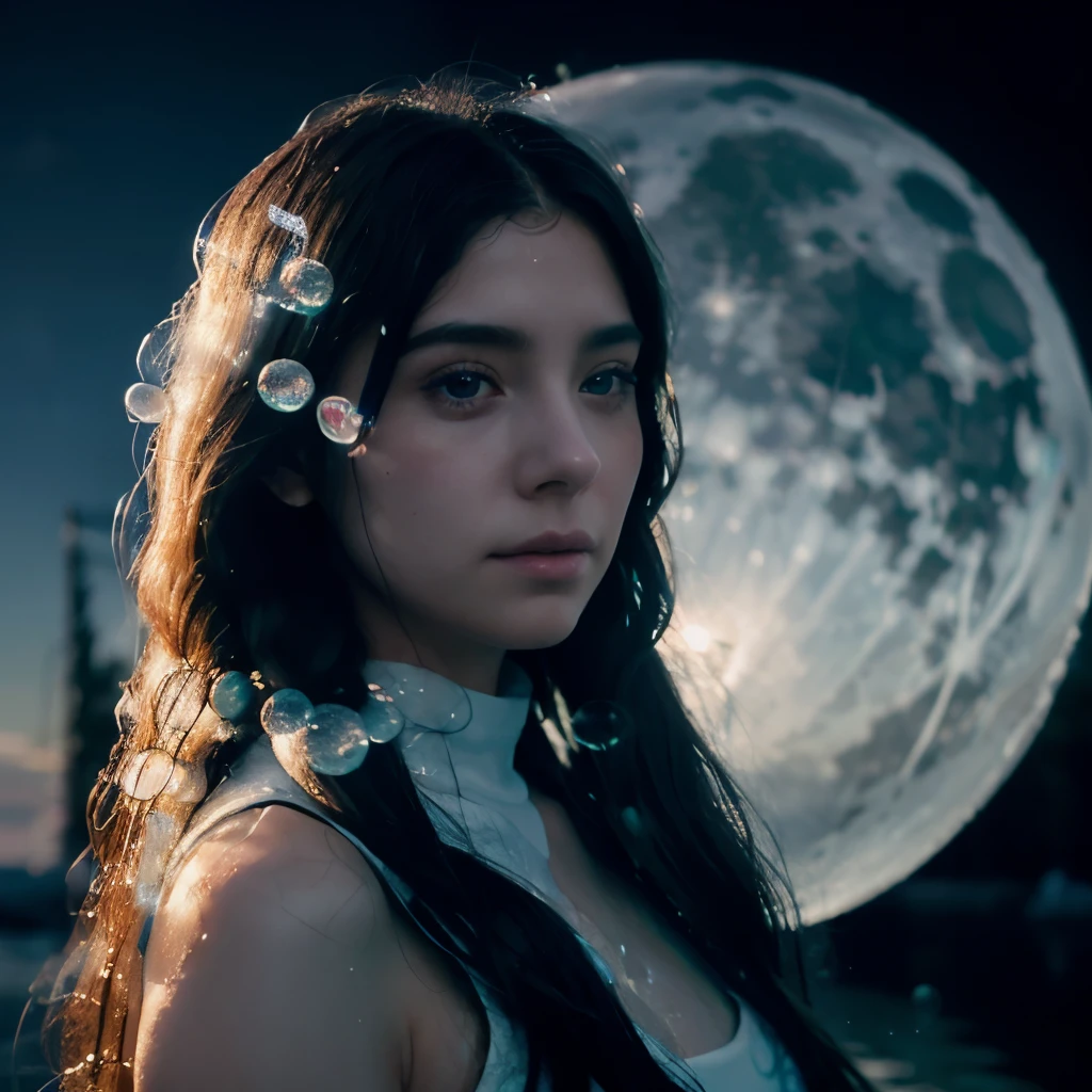 ice girl, long hair made of water bubbles.transparent face.unrealistically beautiful.a mystic.Riddle.there's a huge moon behind.backlight lilac.in detail.volume.transparency.sbrrealism.a mystic