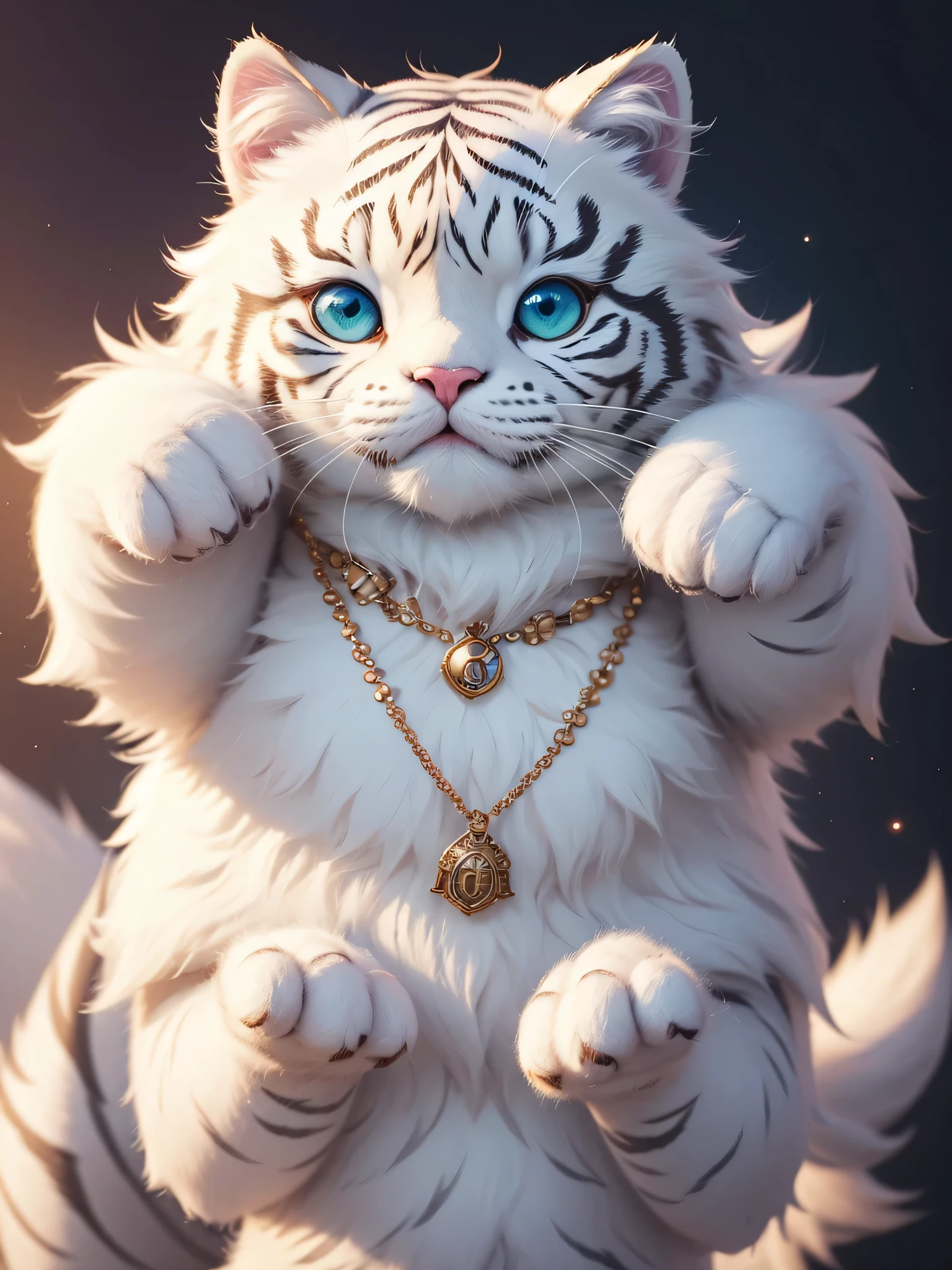 A cute little white tiger with different colored eyes wears a necklace., chibi, Cute and fluffy, Logo Design, cartoon, cinematic light effect, charming, 3D vector art, cute and unusual, fantasy art, Bokeh, hand drawn, digital painting, soft light, isometric style, 4K resolution, Virtual rendering, Very clean and detailed, Vector images, photorealistic masterpiece, professional photography, Simple space backdrop, Flat white background, isometric, Lively vector