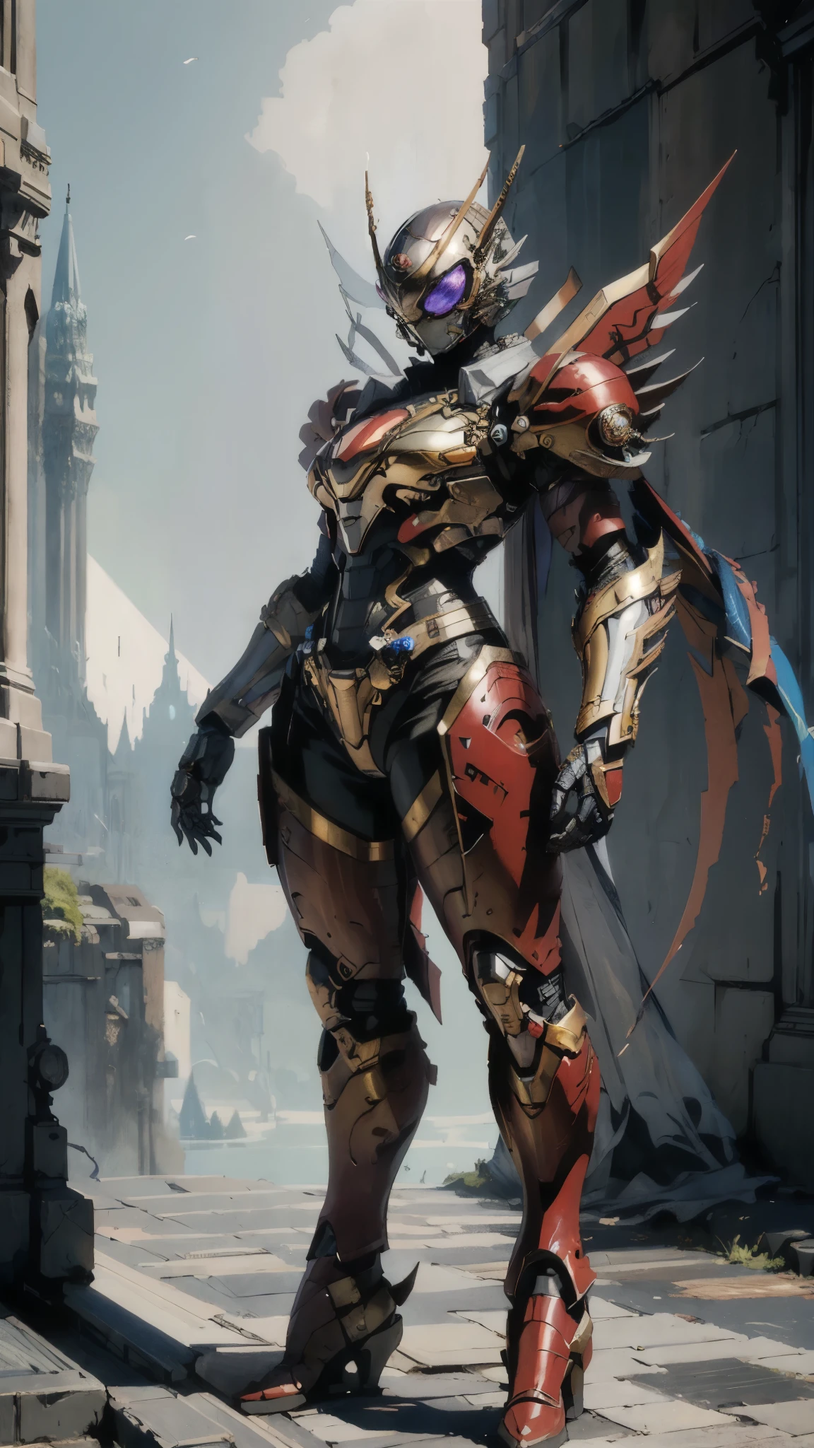 A woman adorned in fantasy-style full-body armor, a crown-concept fully enclosed helmet that unveils only her eyes, a composite layered chest plate, fully encompassing shoulder and hand guards, a lightweight waist armor, form-fitting shin guards, the overall design is heavy-duty yet flexible, (the armor gleams with a golden glow, complemented by red and blue accents), exhibiting a noble aura, she floats above a fantasy-surreal high-tech city, this character embodies a finely crafted fantasy-surreal style armored hero in anime style, exquisite and mature manga art style, (mixture of Queen bee and Spider concept Armor, plasma), ((Element, elegant, goddess, femminine:1.5)), metallic, high definition, best quality, highres, ultra-detailed, ultra-fine painting, extremely delicate, professional, anatomically correct, symmetrical face, extremely detailed eyes and face, high quality eyes, creativity, RAW photo, UHD, 32k, Natural light, cinematic lighting, masterpiece-anatomy-perfect, masterpiece:1.5