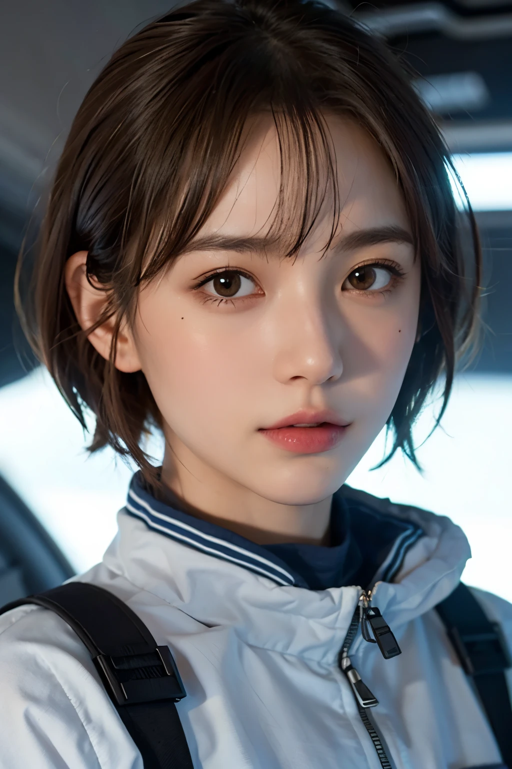 highest quality、masterpiece、ultra high resolution、(real:1.4)、Beautiful woman１、Beautiful details of eyes and skin、light brown short cut hair、perfect space suit、spaceship、macrocosm、star、