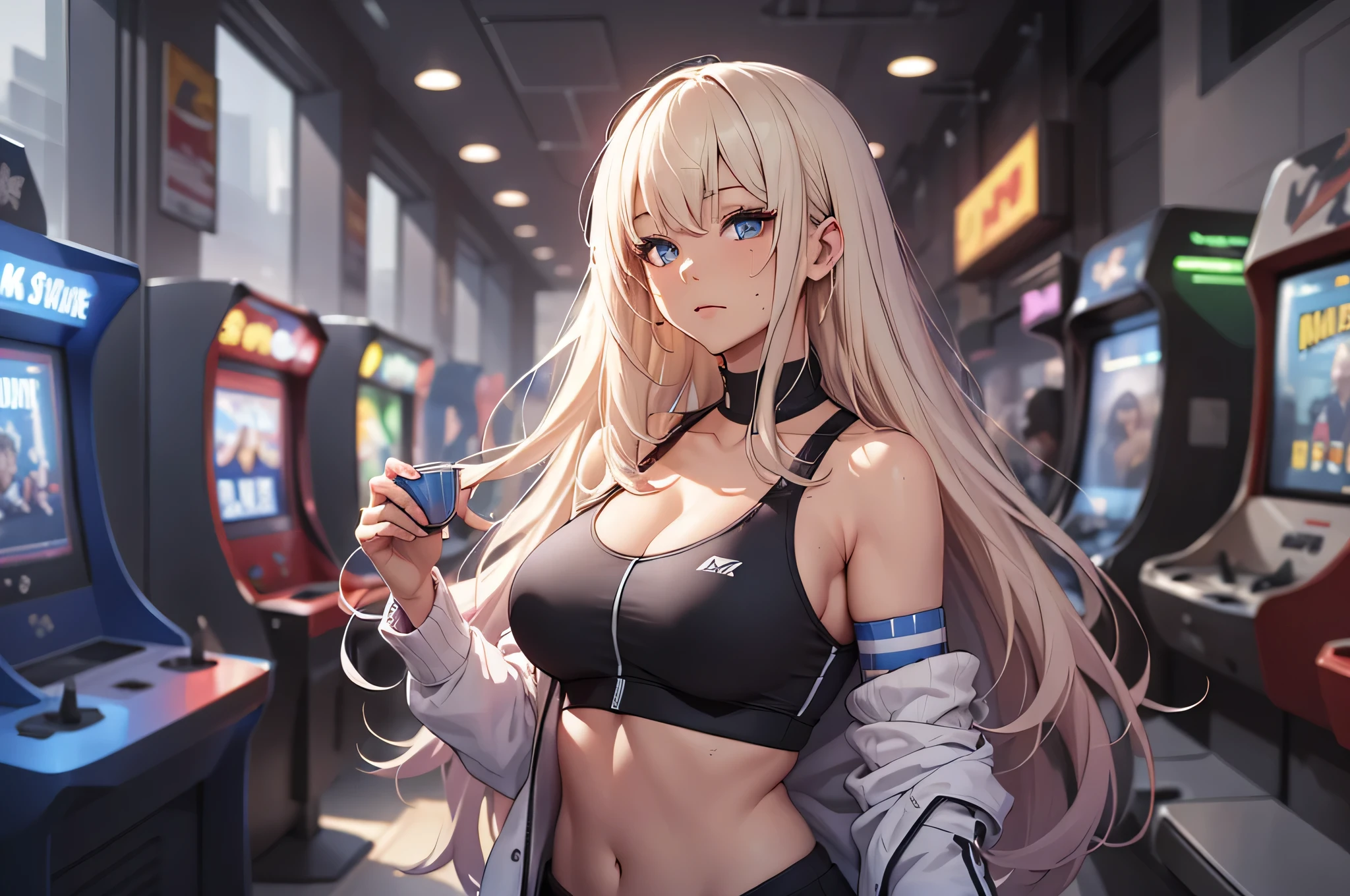 最high quality、best image quality、masterpiece、age girl((20-year-old、 By becoming、vest bust、medium bust,wide open breast tea、black eye, blonde hair、long hair、thin,highest valley、blue sports bra(1:2)、Blue sports pants、sweating、scattering of sweat、Flushed body、- And--Uppose、sexy)),high quality、beautiful art、background((arcade))debris flies、Depth of written boundary、movie、visual art、perfect art、8k,genuine、