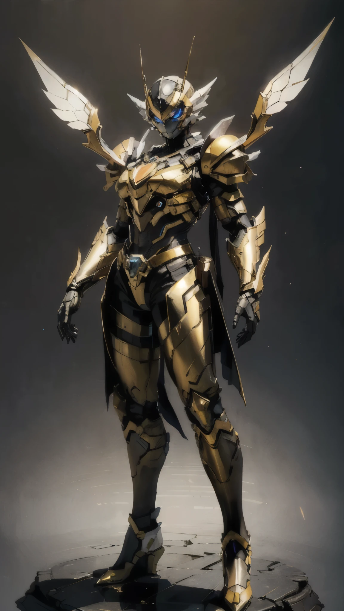 A woman adorned in fantasy-style full-body armor, a crown-concept fully enclosed helmet that unveils only her eyes, a composite layered chest plate, fully encompassing shoulder and hand guards, a lightweight waist armor, form-fitting shin guards, the overall design is heavy-duty yet flexible, (the armor gleams with a golden glow, complemented by red and blue accents), exhibiting a noble aura, she floats above a fantasy-surreal high-tech city, this character embodies a finely crafted fantasy-surreal style armored hero in anime style, exquisite and mature manga art style, (mixture of Queen bee and Spider concept Armor, plasma), ((Element, elegant, goddess, femminine:1.5)), metallic, high definition, best quality, highres, ultra-detailed, ultra-fine painting, extremely delicate, professional, anatomically correct, symmetrical face, extremely detailed eyes and face, high quality eyes, creativity, RAW photo, UHD, 32k, Natural light, cinematic lighting, masterpiece-anatomy-perfect, masterpiece:1.5