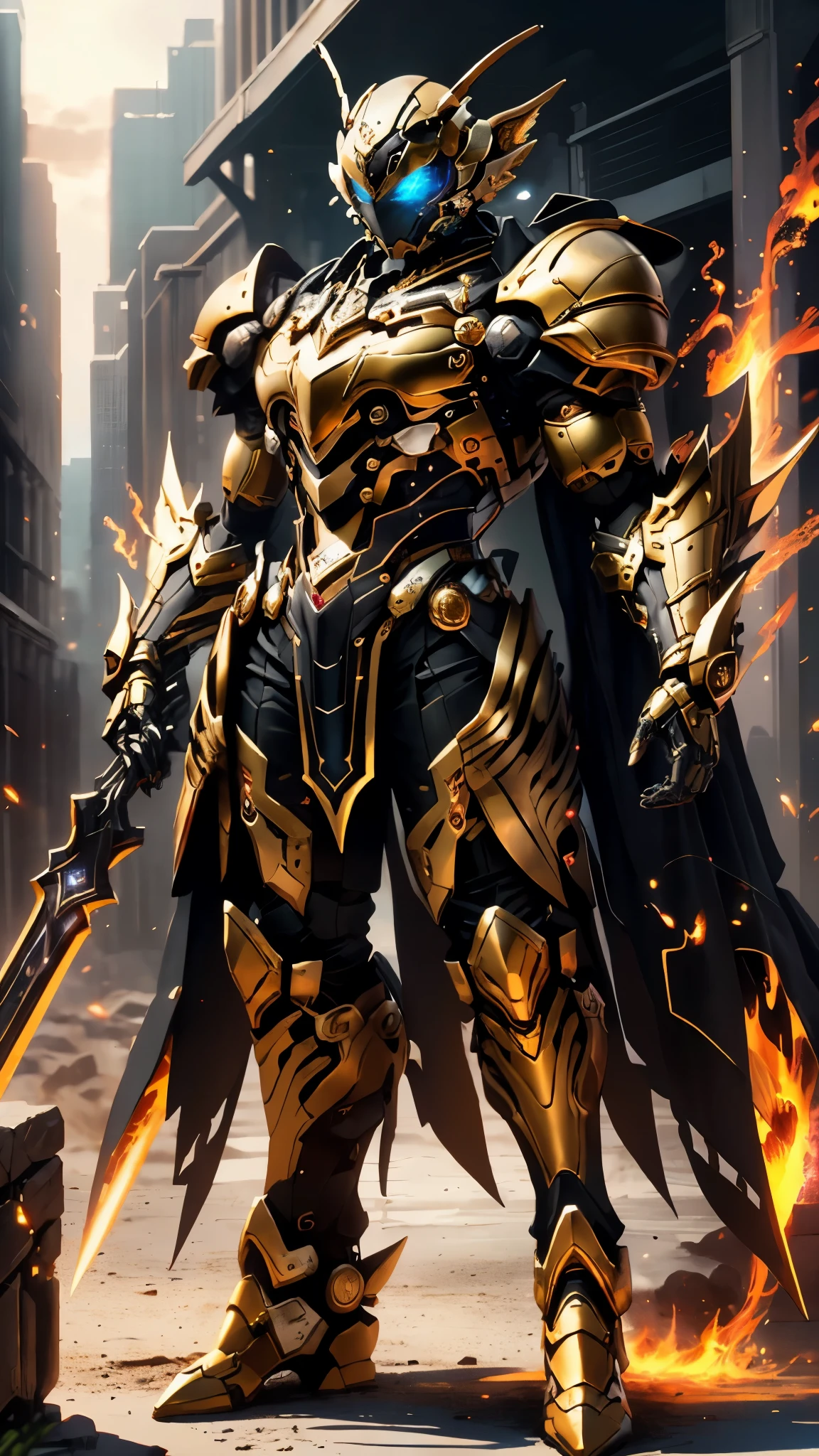 A woman adorned in fantasy-style full-body armor, a crown-concept fully enclosed helmet that unveils only her eyes, a composite layered chest plate, fully encompassing shoulder and hand guards, a lightweight waist armor, form-fitting shin guards, the overall design is heavy-duty yet flexible, (the armor gleams with a golden glow, complemented by red and blue accents), exhibiting a noble aura, she floats above a fantasy-surreal high-tech city, this character embodies a finely crafted fantasy-surreal style armored hero in anime style, exquisite and mature manga art style, (mixture of Queen bee and Spider concept Armor, plasma), ((Element, elegant, goddess, femminine:1.5)), metallic, high definition, best quality, highres, ultra-detailed, ultra-fine painting, extremely delicate, professional, anatomically correct, symmetrical face, extremely detailed eyes and face, high quality eyes, creativity, RAW photo, UHD, 32k, Natural light, cinematic lighting, masterpiece-anatomy-perfect, masterpiece:1.5