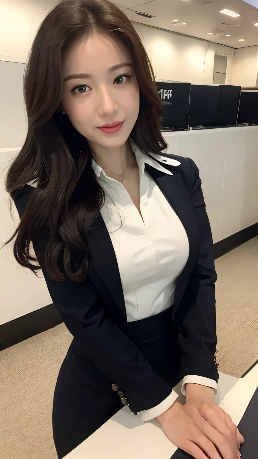 ((highest quality, 8k, masterpiece :1.3)), whole body, sharp focus :1.2, beautiful woman with perfect figure :1.4, thin abs :1.2, body dress :1.1, Highly detailed face and skin texture, fine eyes, double eyelid, small bust, OL uniform, office Wear, office, 40 generation women:1.2, black long hair