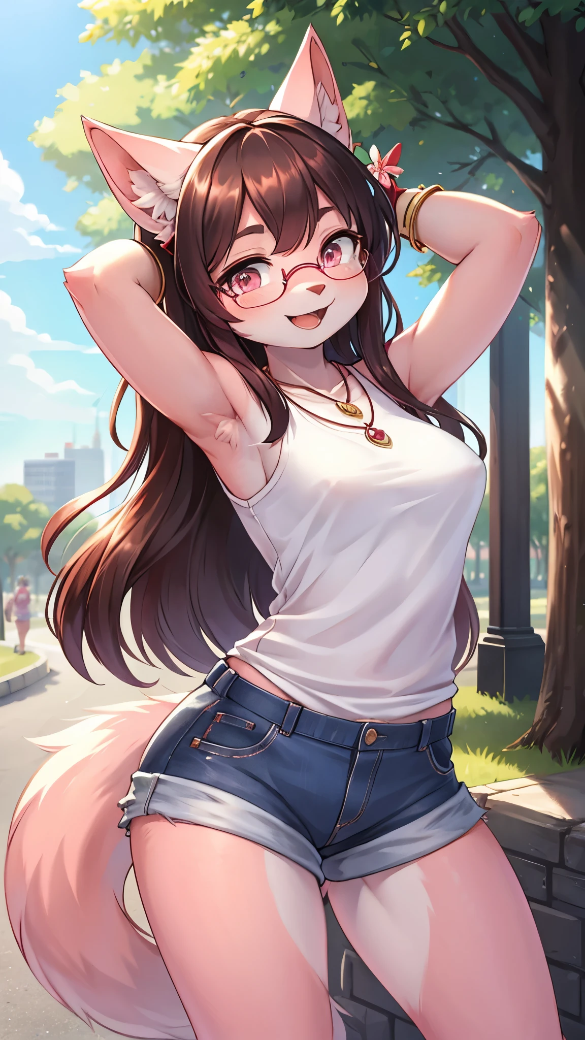 best quality,best resolution,cat girl,black long hair,wavy hair,pink fur,pink cat ears,pink cat tail with red ribbon,armpits fur,glasses,flower hairpin,round necklace,white shirt,denim shorts,sleeveless,bracelet,sunbeam,public park,looking at viewer,smile,open mouth,standing,upper body only