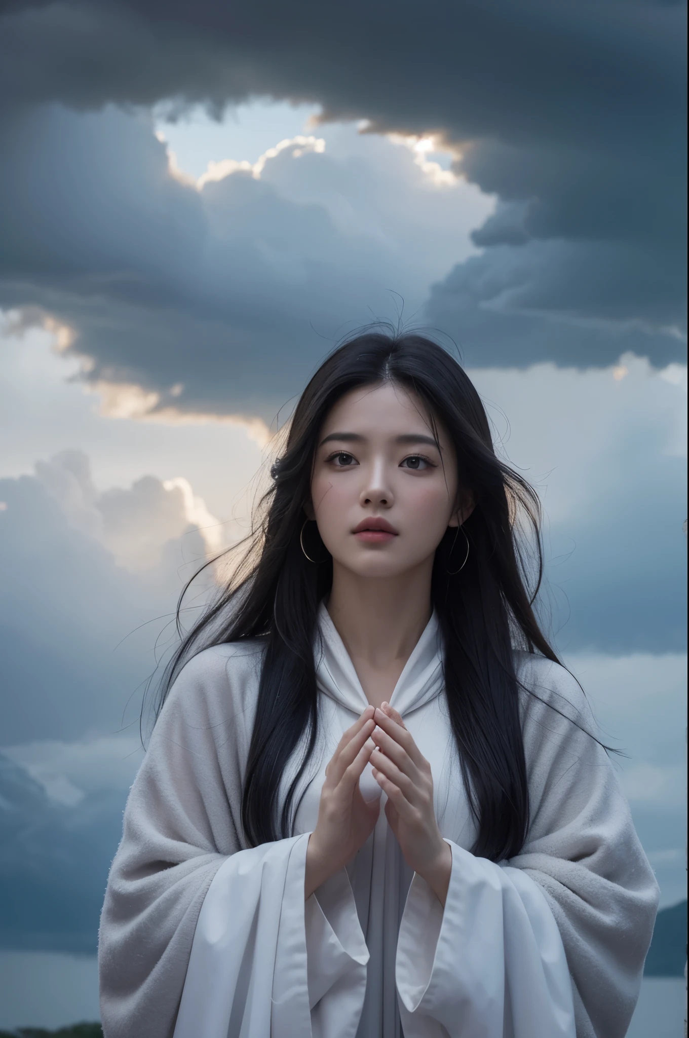 8k,Beautiful priestess wearing wizard robes,The face and body are made of gray clouds and burning rain clouds, Mark Mann (Mark Mann) Great for thermal photography, adequate, albrecht durer, adequate, soft wet color, intricate details, fiery, smokes, beautiful, cloudy, fluffy, static charge, sacrum portrait, Artistic masterpieces from leaders in real-time engineering
