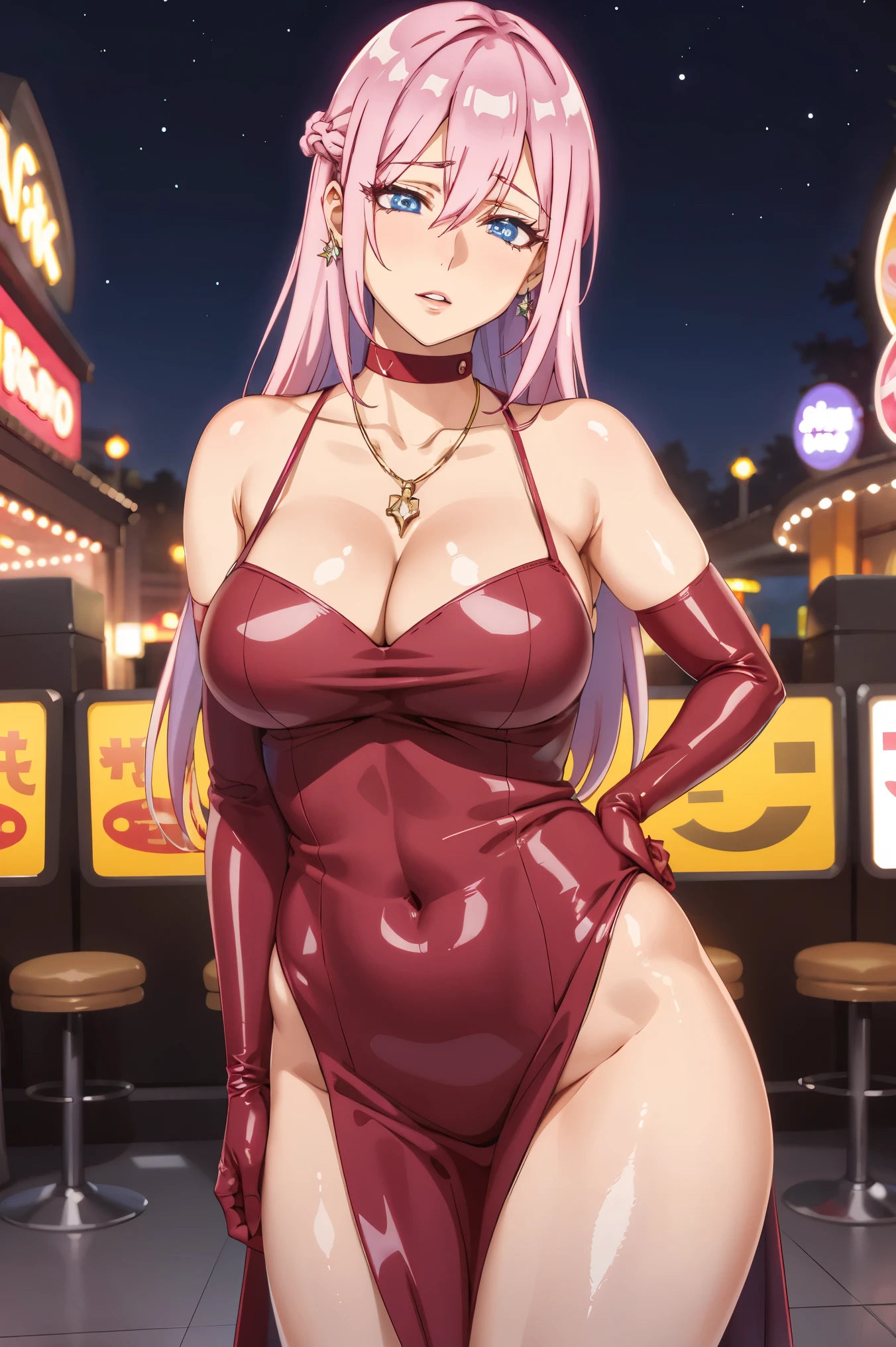 
shikimorisan,1girl, pink hair, long hair, blue eyes, hair between eyes, bangs, ultra realistic 8k cg, flawless, masterpiece, solo, 1girl, casino, rich, night dress, cutout, necklace, earring, golden, face focus, gleaming skin, elbow gloves, cleavage, shiny dress, NSFW