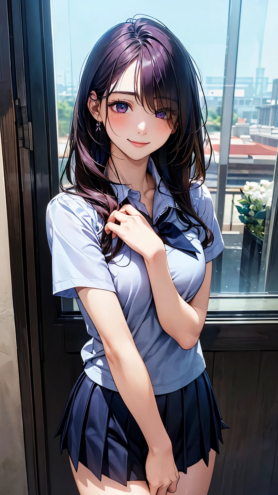 (masterpiece:1.2, top-quality), (realistic, photorealistic:1.4), beautiful illustration, (natural side lighting, movie lighting), nsfw, 
looking at viewer, face focus, upper body, 1 girl, japanese, high school girl, perfect face, cute and symmetrical face, shiny skin, 
(long hair:1.5, straight hair:1.4, dark purple hair), hair over one eye, dark purple, long eye lasher, (medium breasts), slender, 
beautiful hair, beautiful face, beautiful detailed eyes, beautiful clavicle, beautiful body, beautiful chest, beautiful thigh, beautiful legs, beautiful fingers, 
((detailed cloth texture, short sleeves white collared shirts, navy pleated mini skirt), black tie), 
(beautiful scenery), evening, (flower shop), standing, (happy smile, upper eyes), 