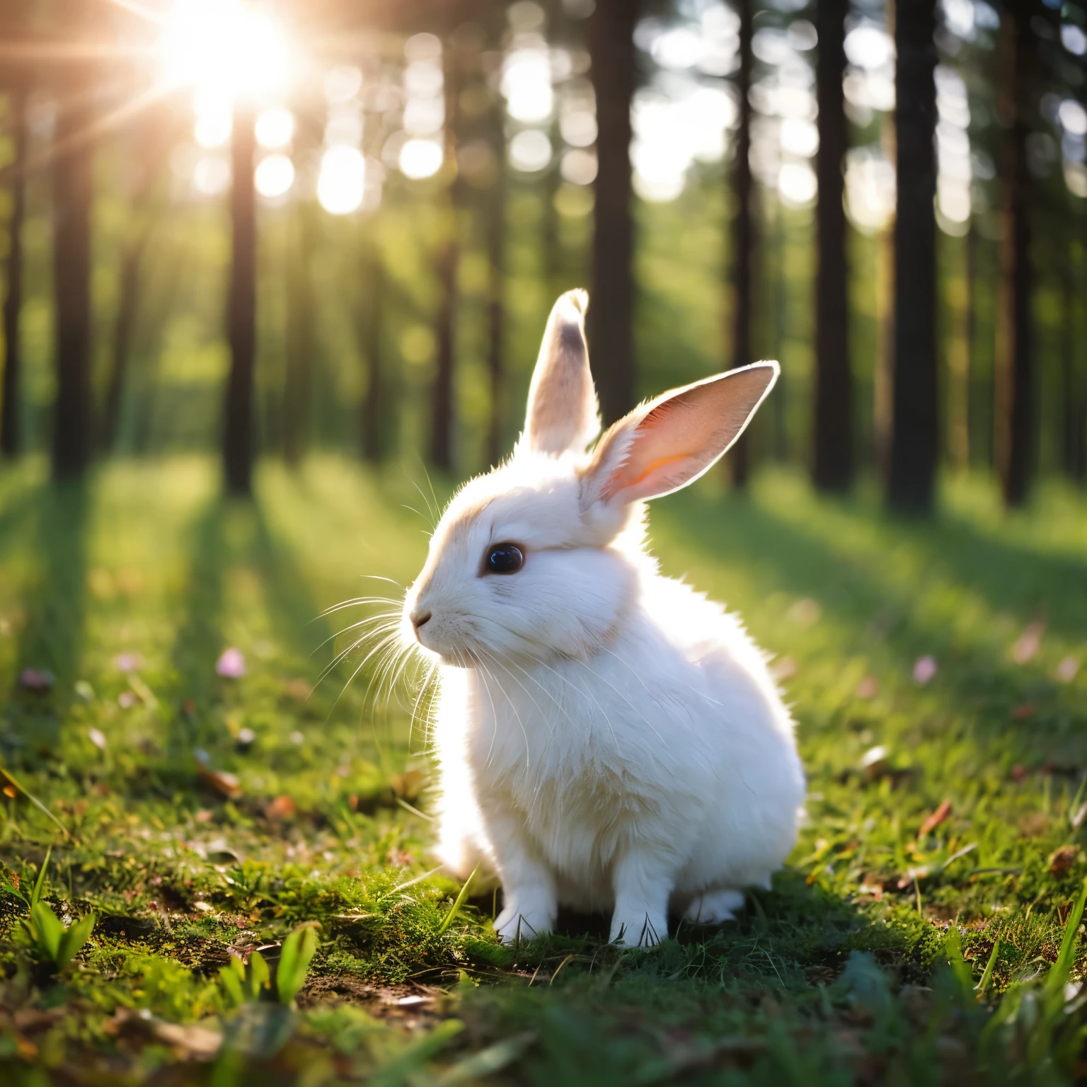 curled up rabbit, perfect balance, adorable figure, fluffy fur, In the forest where the sun shines through the trees, Large close-up photo from the front, small ears, One neck, netherland dwarf, Japanese anime, On a carrot bigger than your body、2 front legs、two hind legs、