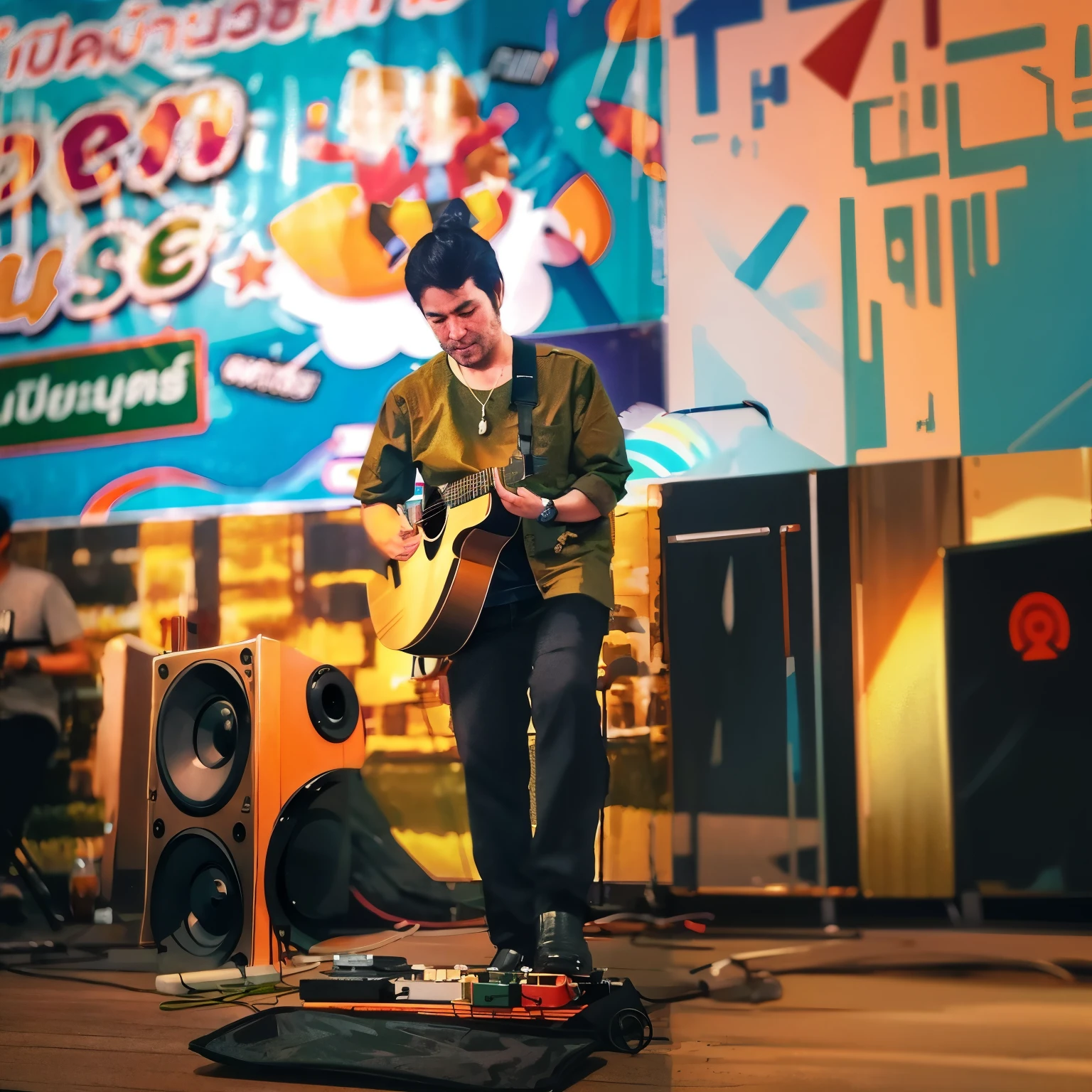 A man is holding an acoustic guitar.
