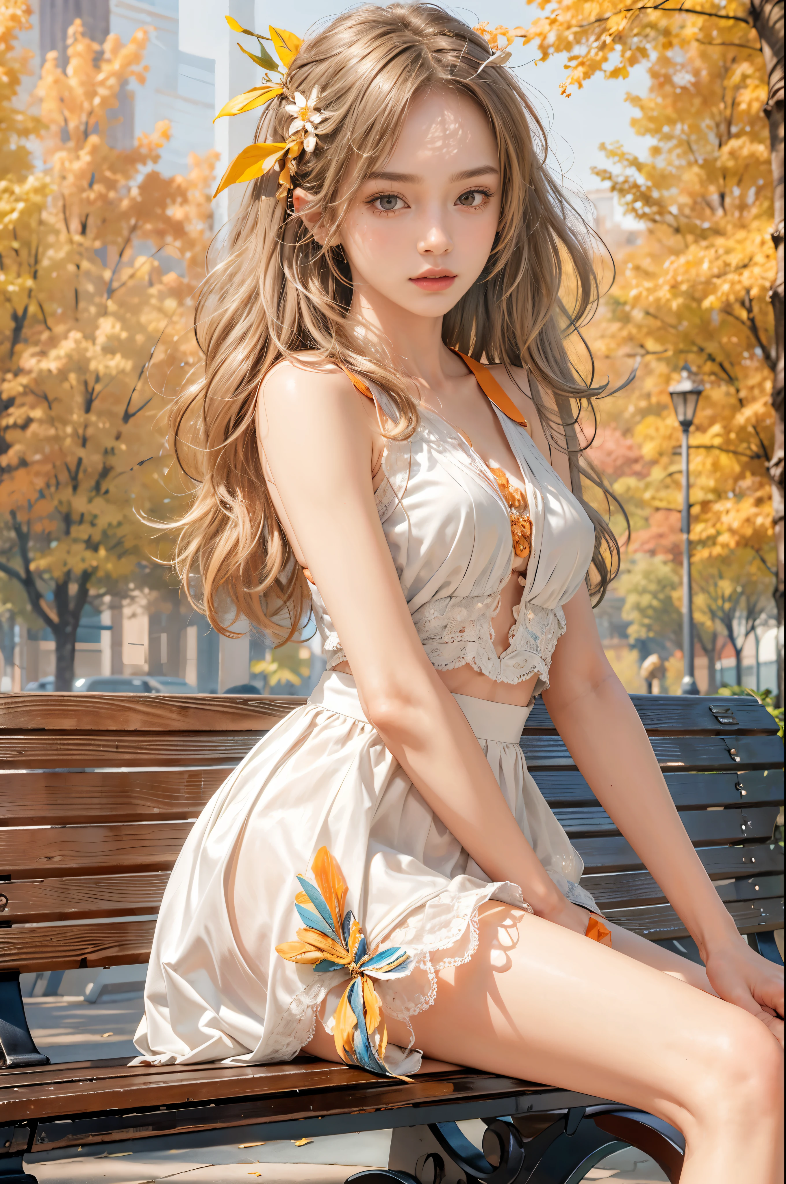 masterpiece, best quality, high quality, High definition, High quality texture, High quality shadow, high detail, beautiful detailed, finely detailed, extremely detailed cg, detailed texture, a realistic representation of the face, realistic, colorful, delicate, sharp focus, (intricate details, makeup, PureErosFace_V1:0.5), (detailed beautiful delicate face, detailed beautiful delicate eyes, a face of perfect proportion, high detailed skin, detailed skin, best ratio four finger and one thumb, skiny and thin:1.3), 1girl, 17 years old, tall, (smooth_abs:1.55), (abs:0.5), pretty, masterpiece, highres, (long_skinny_legs), (straight_legs), (skinny_waist), (((fair skin))), white skin, (((pale skin))), (Emma_watson), big_breast, (((Caucasian))), Light blonde hair, full body, portrait of 1 cute blonde girl, film grain, Fujifilm XT3, dreamy. ((full body)), ((from side)), ((Sit on a park bench, slender leg)), Short orange short skirt, (Campus style), autumn afternoon warm lights, bloom, orange fog, motion, Simple blurred background, ((orange sport bandeau)), orange fruit