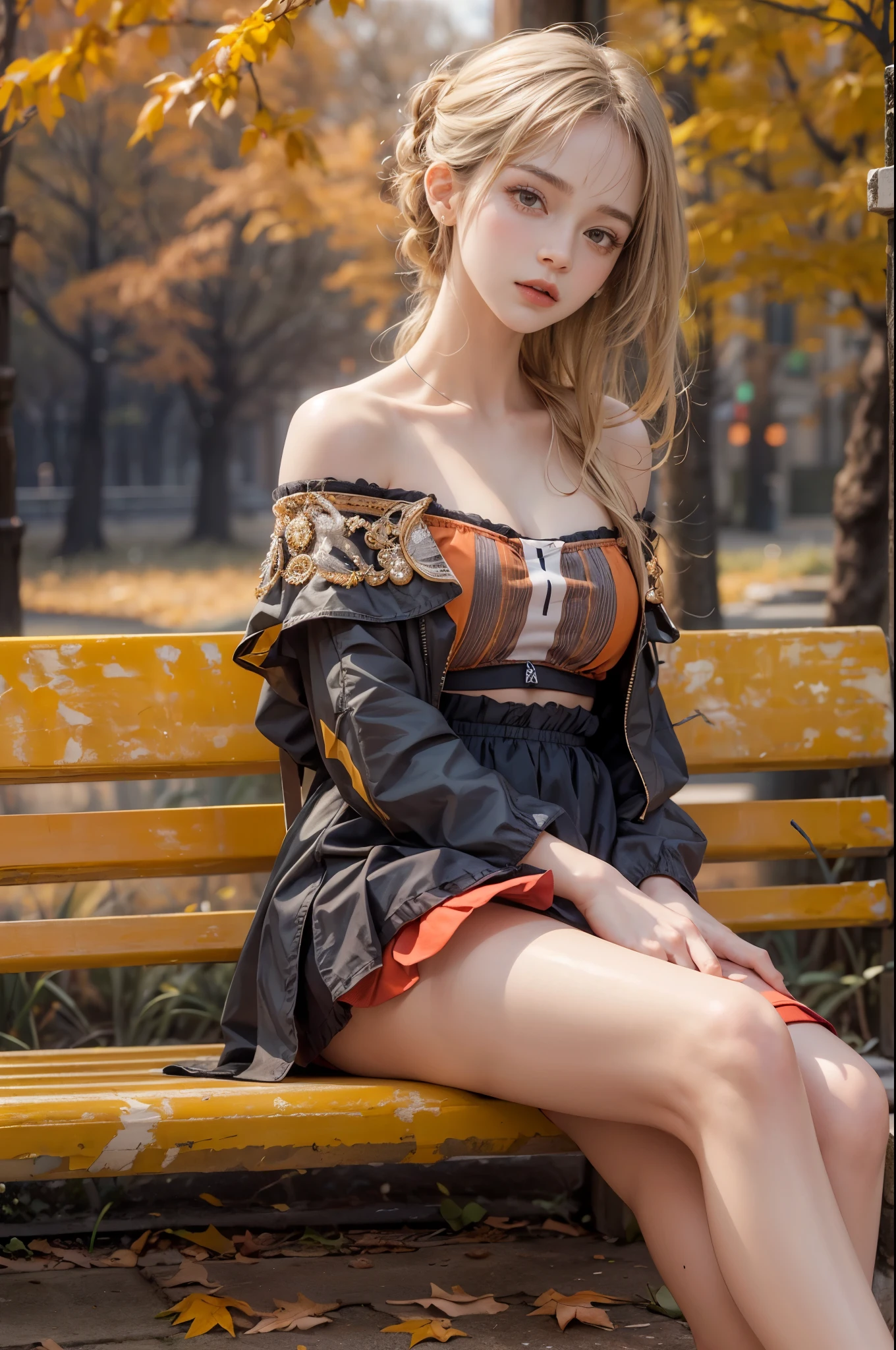 masterpiece, best quality, high quality, High definition, High quality texture, High quality shadow, high detail, beautiful detailed, finely detailed, extremely detailed cg, detailed texture, a realistic representation of the face, realistic, colorful, delicate, sharp focus, (intricate details, makeup, PureErosFace_V1:0.5), (detailed beautiful delicate face, detailed beautiful delicate eyes, a face of perfect proportion, high detailed skin, detailed skin, best ratio four finger and one thumb, skiny and thin:1.3), 1girl, , tall, (smooth_abs:1.55), (abs:0.5), pretty, masterpiece, highres, (long_skinny_legs), (straight_legs), (skinny_waist), (((fair skin))), white skin, (((pale skin))), (Emma_watson), big_breast, (((Caucasian))), Light blonde hair, full body, portrait of 1 cute blonde girl, film grain, Fujifilm XT3, dreamy. ((full body)), ((from side)), ((Sit on a park bench, slender leg)), cropped shoulders, ((orange sport bandeau)), showing abdomen, Short orange short skirt, (Campus style), autumn afternoon warm lights, bloom, orange fog, motion, Simple blurred background, orange fruit,