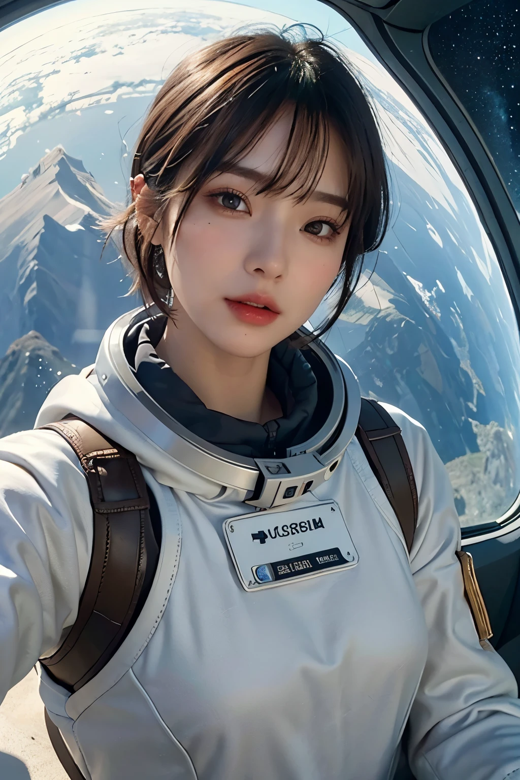 highest quality、masterpiece、ultra high resolution、(real:1.4)、Beautiful woman１、Beautiful details of eyes and skin、light brown short cut hair、perfect space suit、spaceship、macrocosm、star、