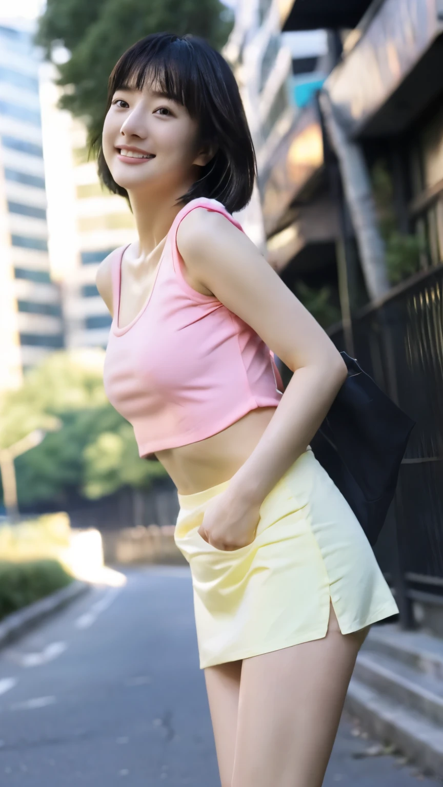 Japanese、beautiful girl、１２age、short hair、Fat body、very thick body、bust is very big、Photographed from directly in front、sleeveless small clothes、Understand the shape of your bust、very short skirt、Have a skirt hem、showing panties、Exposing panties、smiling face、urban street background、The body is facing forward、Grab the skirt with both hands、showing panties、Panties fully visible、legs open、look forward、Lifting a short skirt、Exposing panties、flip up the skirt、showing panties、legs open、legs spread、