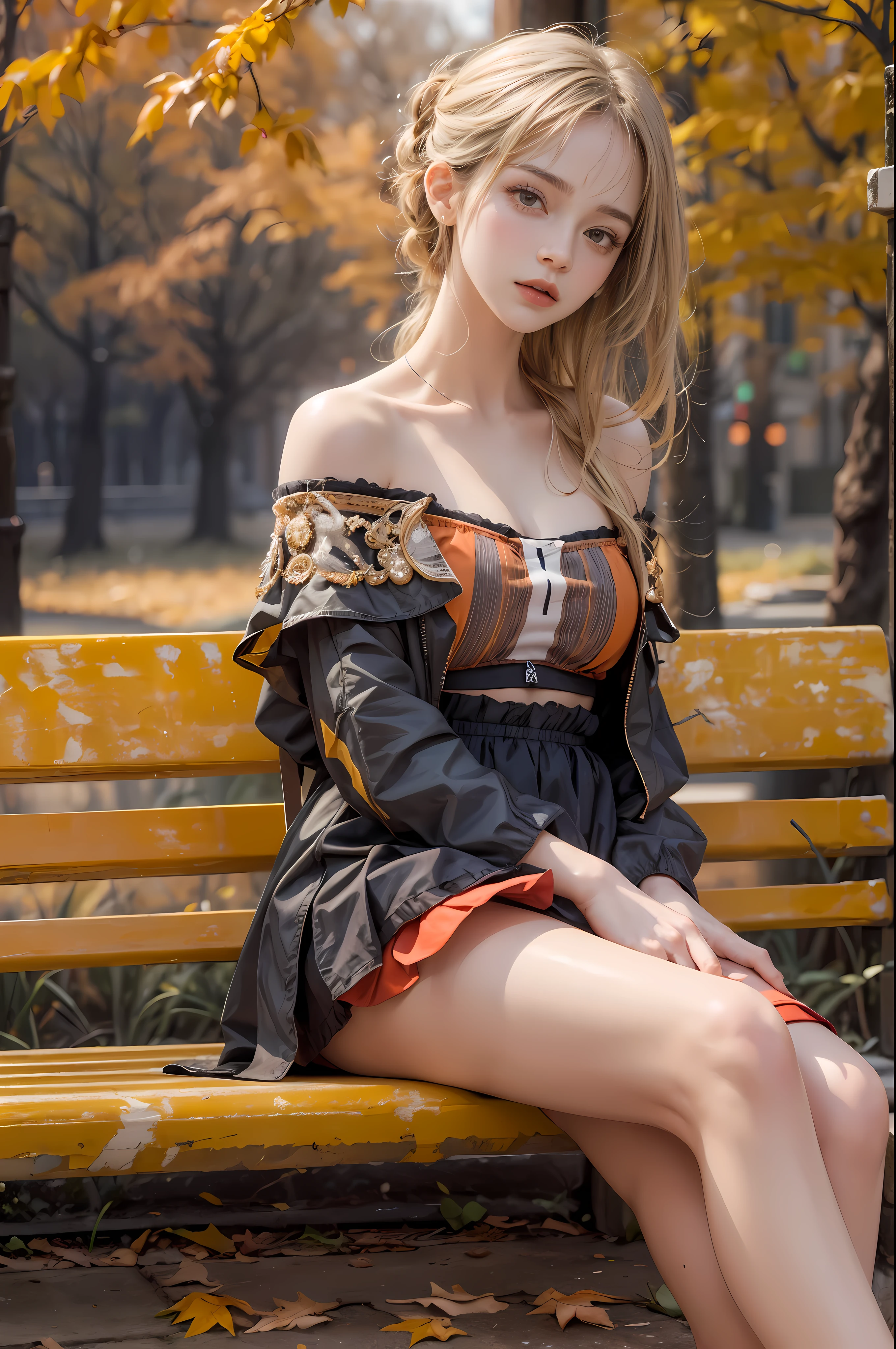 masterpiece, best quality, high quality, High definition, High quality texture, High quality shadow, high detail, beautiful detailed, finely detailed, extremely detailed cg, detailed texture, a realistic representation of the face, realistic, colorful, delicate, sharp focus, (intricate details, makeup, PureErosFace_V1:0.5), (detailed beautiful delicate face, detailed beautiful delicate eyes, a face of perfect proportion, high detailed skin, detailed skin, best ratio four finger and one thumb, skiny and thin:1.3), 1girl, 17 years old, tall, (smooth_abs:1.55), (abs:0.5), pretty, masterpiece, highres, (long_skinny_legs), (straight_legs), (skinny_waist), (((fair skin))), white skin, (((pale skin))), (Emma_watson), big_breast, (((Caucasian))), Light blonde hair, full body, portrait of 1 cute blonde girl, film grain, Fujifilm XT3, dreamy. ((full body)), ((from side)), ((Sit on a park bench, slender leg)), cropped shoulders, ((orange sport bandeau)), showing abdomen, Short orange short skirt, (Campus style), autumn afternoon warm lights, bloom, orange fog, motion, Simple blurred background, orange fruit, 