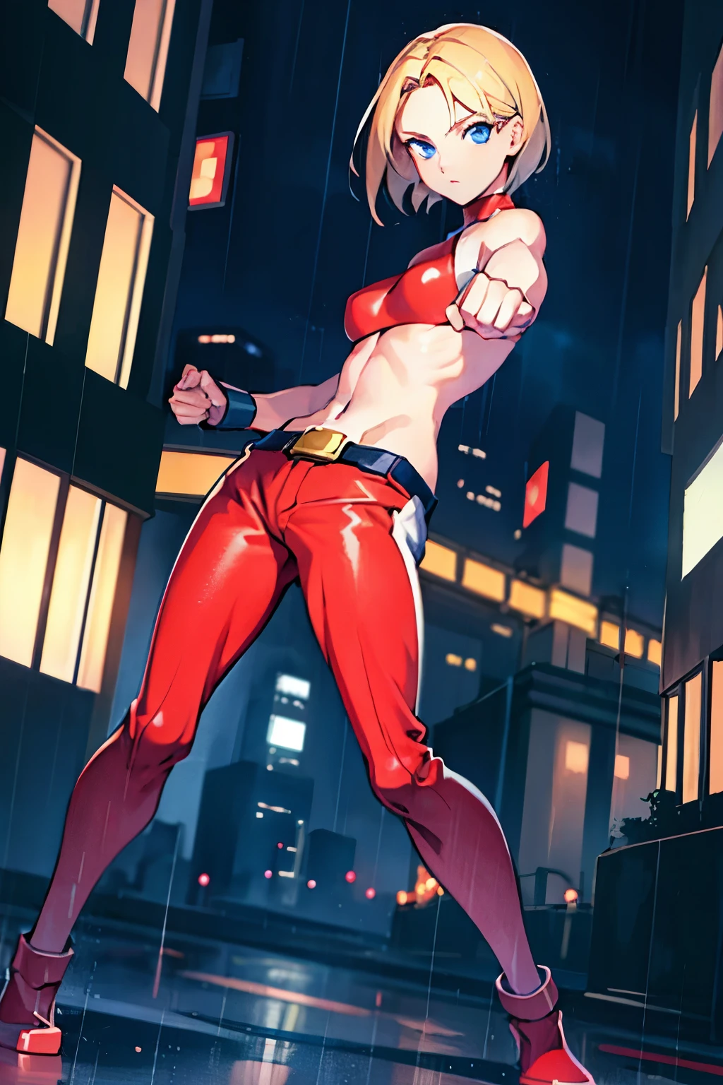 maryms,Best Quality,(beauty),masterpiece, 1girl,phisically-based render ,ultra highres,narrow waist, skinny,big eyes,long legs,(small breasts),puffy eyes, night,(rainy city), shiny skin, facing viewer, fighting stance, (make a fist),firm expression,