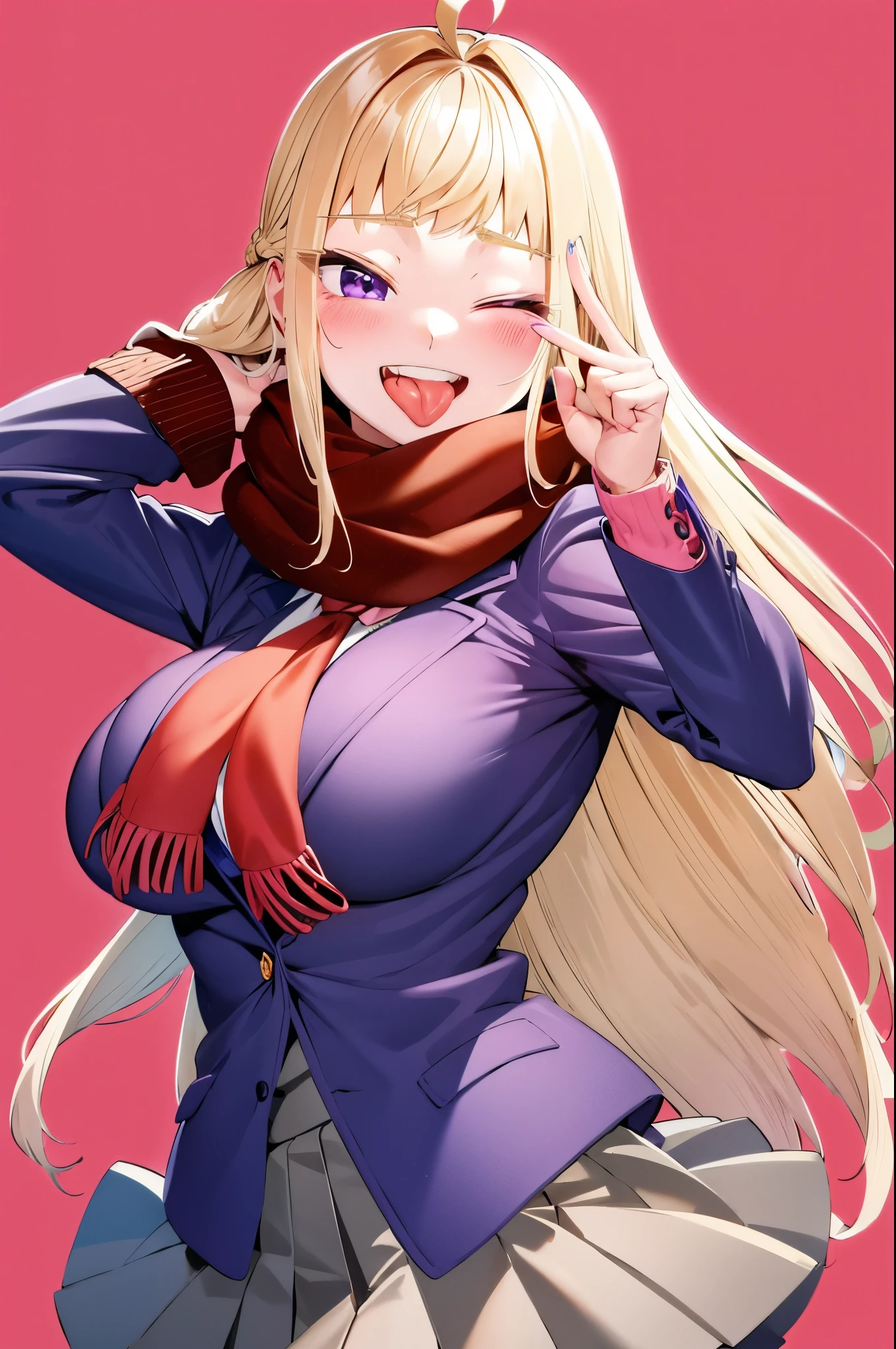 minami_fuyuki, 1girl,ahoge, solo, scarf, one eye closed, breasts, pink cardigan, jacket, cardigan, smile, purple eyes, skirt, red scarf, school uniform, blue nails, looking at viewer, open mouth, large breasts, white background, tongue, blush, blue jacket, breath, bangs, hair behind ear, teeth, pleated skirt, very long hair, grey skirt, tongue out, blazer