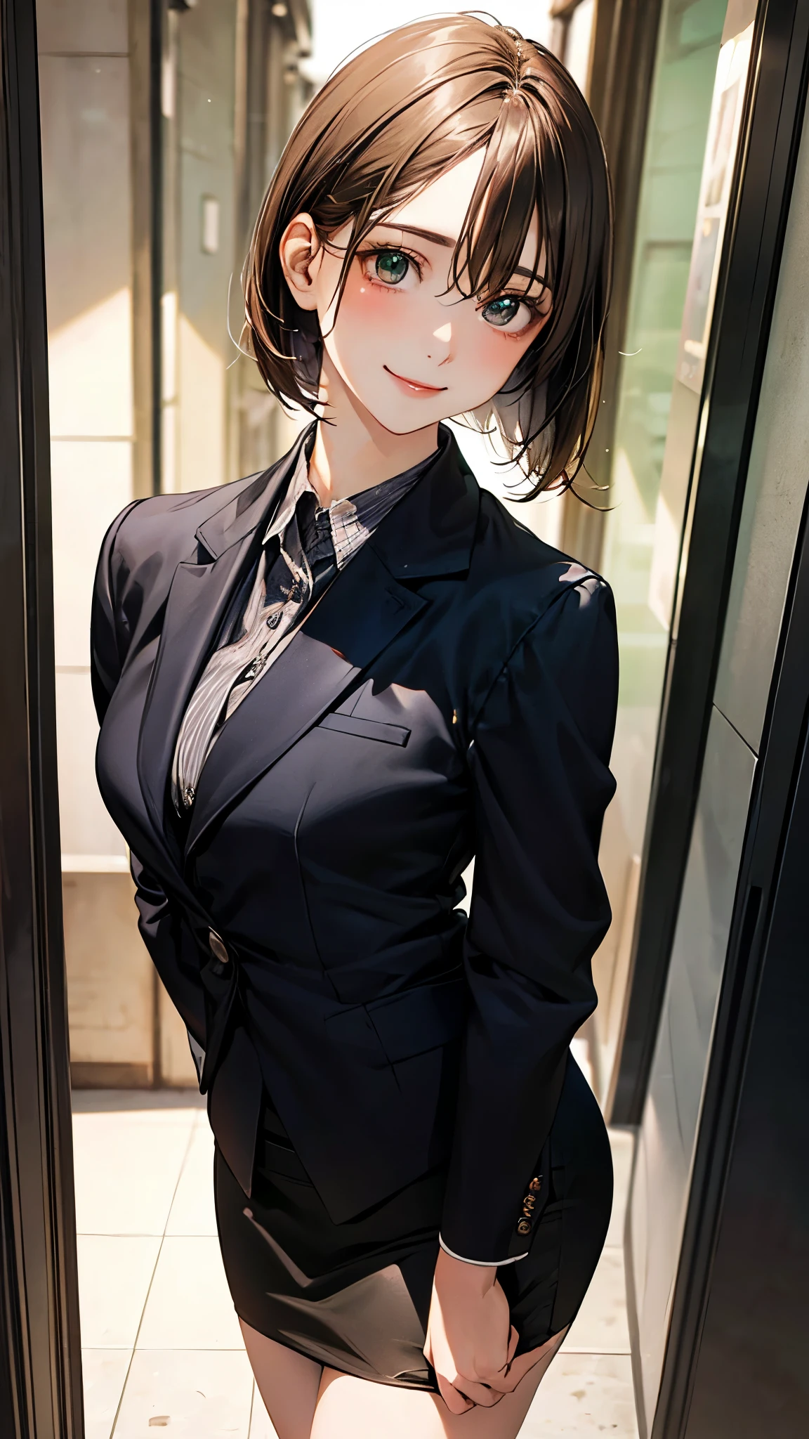 (masterpiece:1.2, top-quality), (realistic, photorealistic:1.4), beautiful illustration, (natural side lighting, movie lighting),
looking at viewer, (face focus, upper body), 1 girl, japanese, 15 years old, perfect face, perfect body, cute and symmetrical face, shiny skin, babyface,
(short hair, bob cut, long sideburns, light brown hair), hair between eyes, emerald green eyes, (middle breasts), slender,
beautiful hair, beautiful face, beautiful detailed eyes, beautiful clavicle, beautiful body, beautiful chest, beautiful thigh, beautiful legs, beautiful fingers,
((black business jacket, close clothes, white collared shirt, black tight skirt)),
(beautiful scenery), evening, (office hallway), standing, (lovely smile, upper eyes),