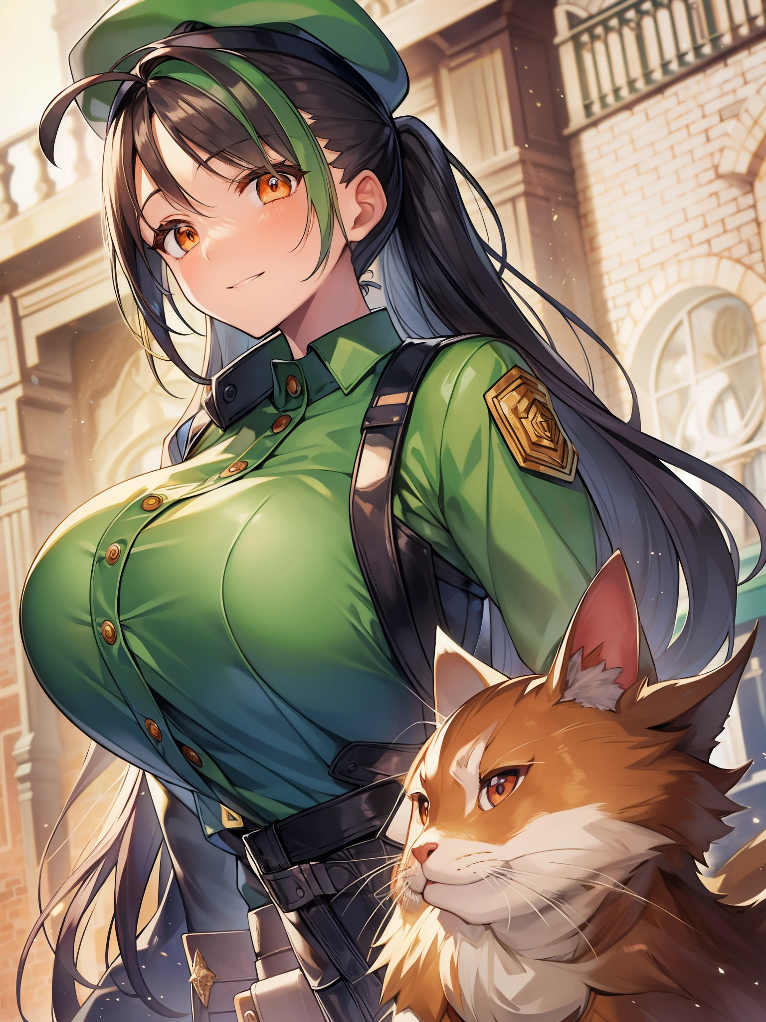 (masterpiece、highest quality、detailed)、Pokémon、Nemo、big tits milf、big tits milf、big tits milf、solo、Nemoナ、long hair、orange eyes、ponytail、look at viewer、uniform、military、soldier、belt、Green pants、beret、brown jacket、Metal、camouflage、sand漠、sand、dust、sun、put one&#39;s hand in one&#39;s pocket、fake smile、closed your mouth