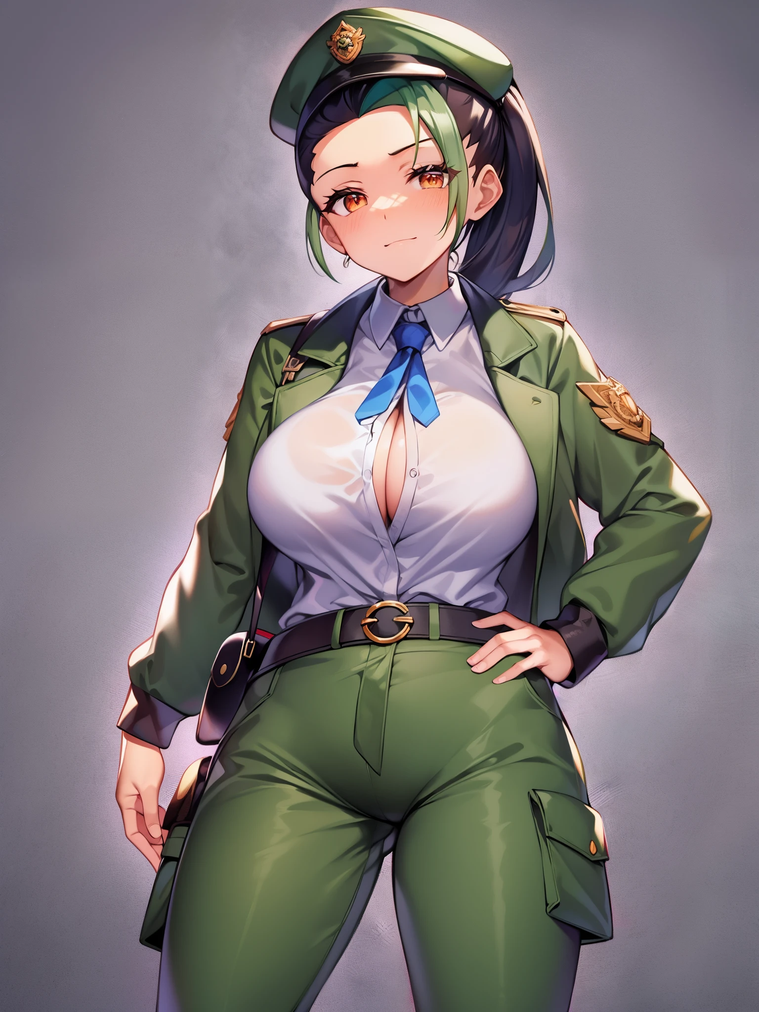 (masterpiece、highest quality、detailed)、Pokémon、Nemo、big tits milf、big tits milf、big tits milf、solo、Nemoナ、long hair、orange eyes、ponytail、look at viewer、uniform、military、soldier、belt、Green pants、beret、brown jacket、Metal、camouflage、sand漠、sand、dust、sun、put one&#39;s hand in one&#39;s pocket、fake smile、closed your mouth