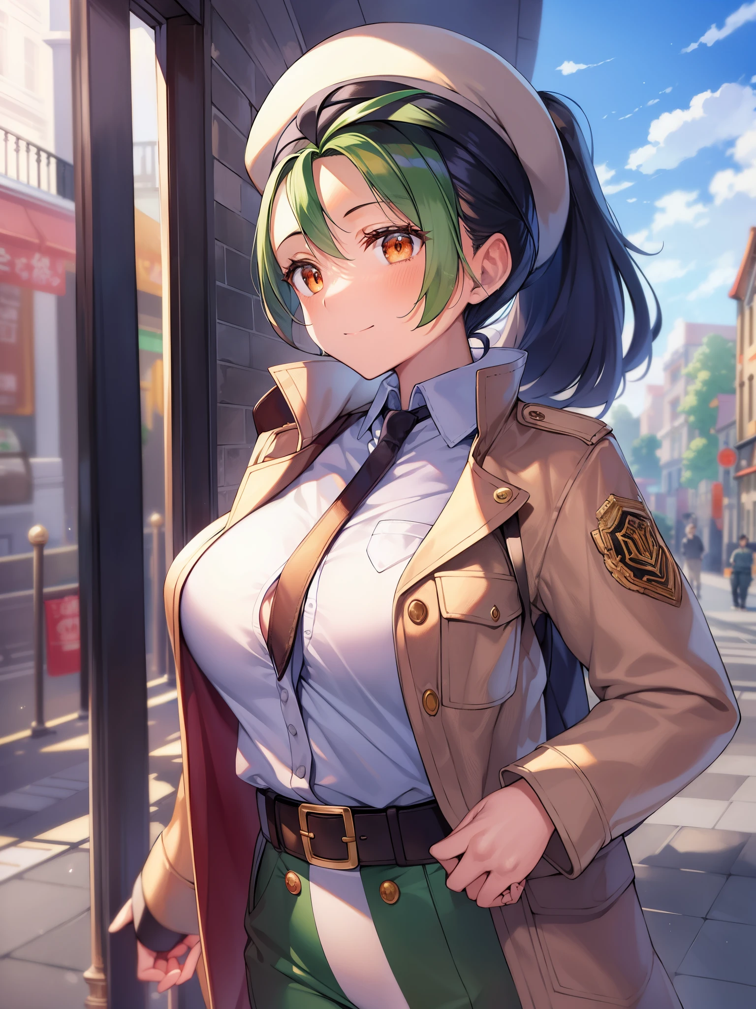 (masterpiece、highest quality、detailed)、Pokémon、Nemo、big tits milf、big tits milf、big tits milf、solo、Nemoナ、long hair、orange eyes、ponytail、look at viewer、uniform、military、soldier、belt、Green pants、beret、brown jacket、Metal、camouflage、sand漠、sand、dust、sun、put one&#39;s hand in one&#39;s pocket、fake smile、closed your mouth