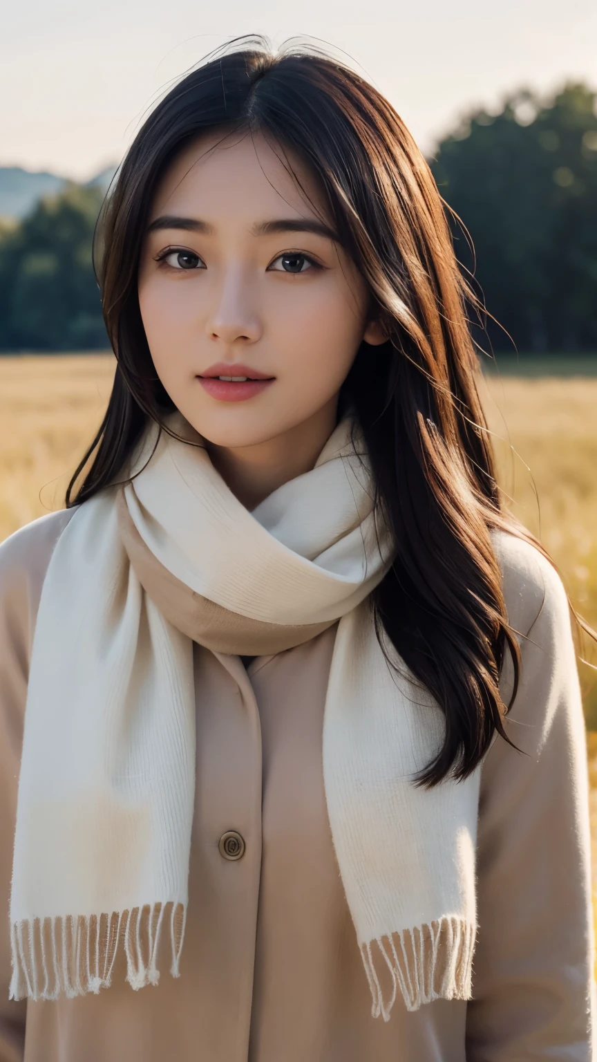 8k, best quality, masterpiece, realistic, ultra detail, photo realistic, Increase quality, 
a photo of a girl standing in a field with an ivory scarf, in the style of pure and elegent designer, voluminous mass, photobash, serene faces, jagged edges, navy, natural beauty, close-up shot
