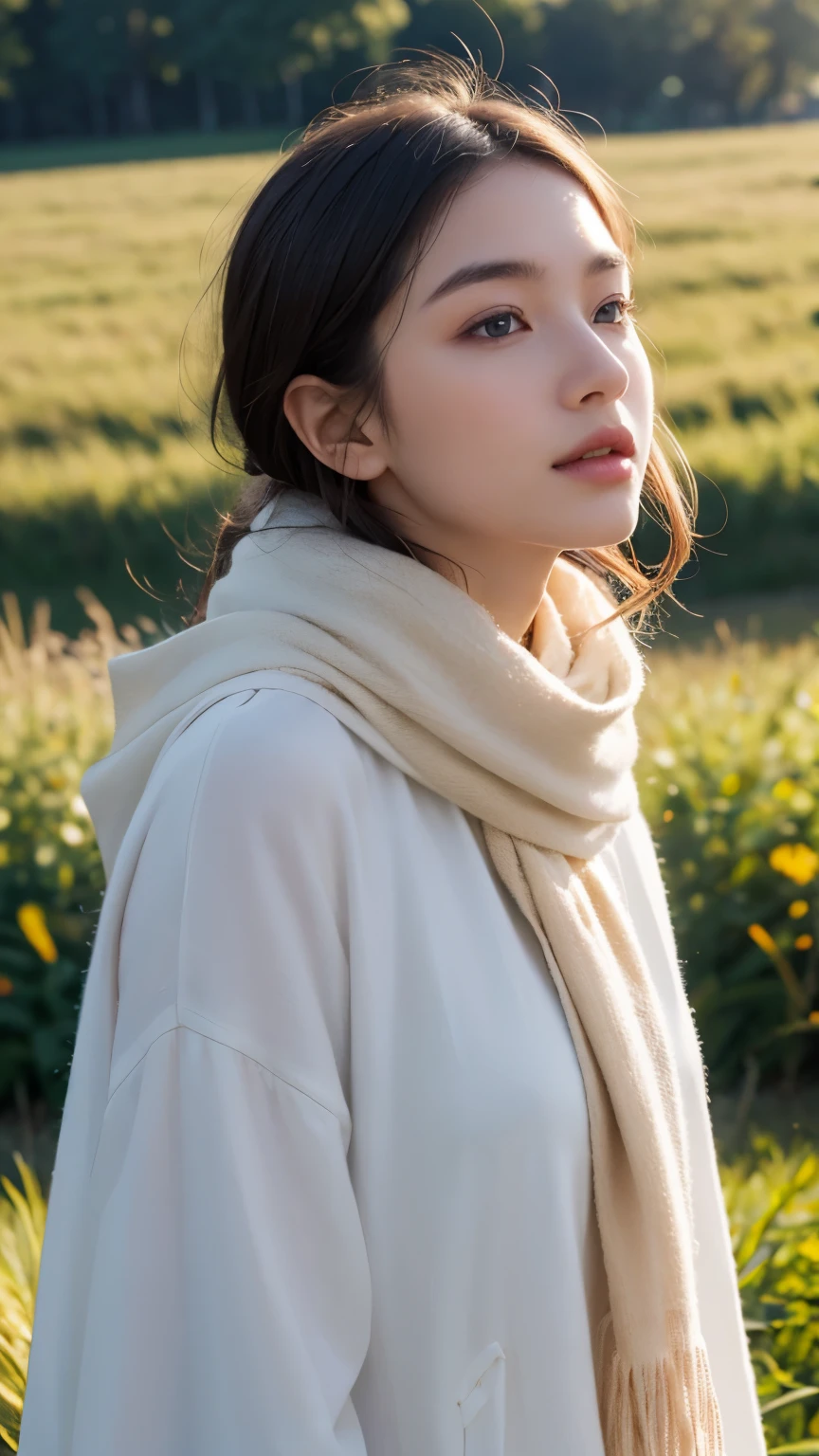 8k, best quality, masterpiece, realistic, ultra detail, photo realistic, Increase quality,
a photo of a girl standing in a field with an ivory scarf, in the style of pure and elegent designer, voluminous mass, photobash, serene faces, jagged edges, navy, natural beauty, close-up shot