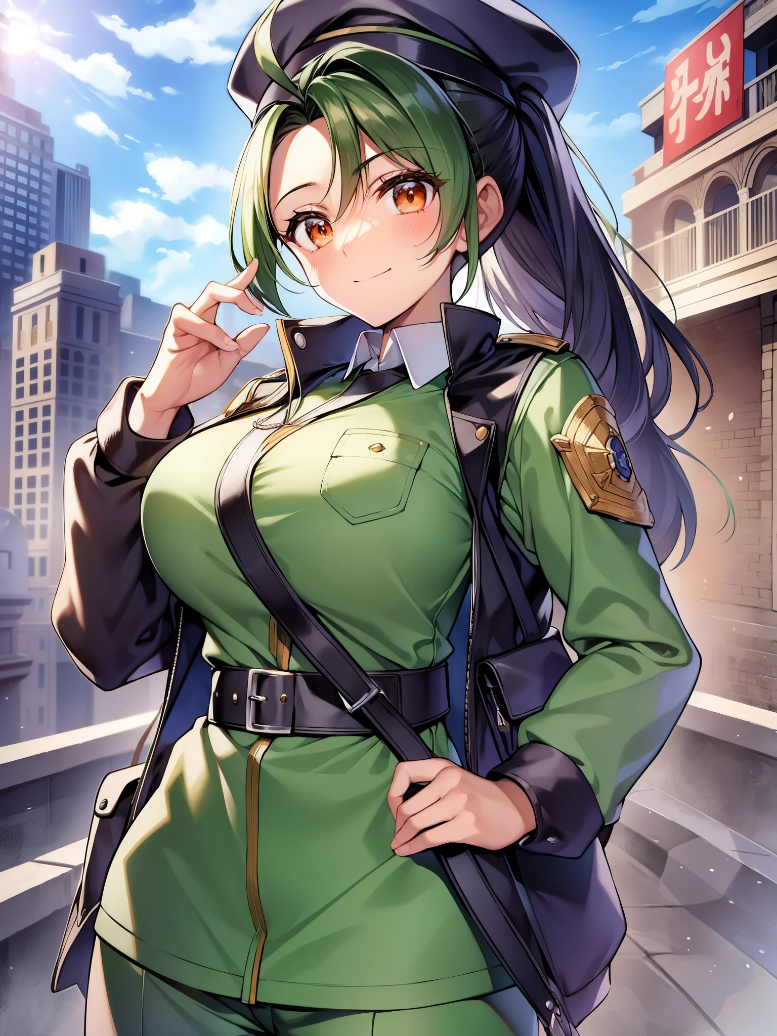 (masterpiece、highest quality、detailed)、Pokémon、Nemo、big tits milf、big tits milf、big tits milf、solo、Nemoナ、long hair、orange eyes、ponytail、look at viewer、uniform、military、soldier、belt、Green pants、beret、brown jacket、Metal、camouflage、sand漠、sand、dust、sun、put one&#39;s hand in one&#39;s pocket、fake smile、closed your mouth