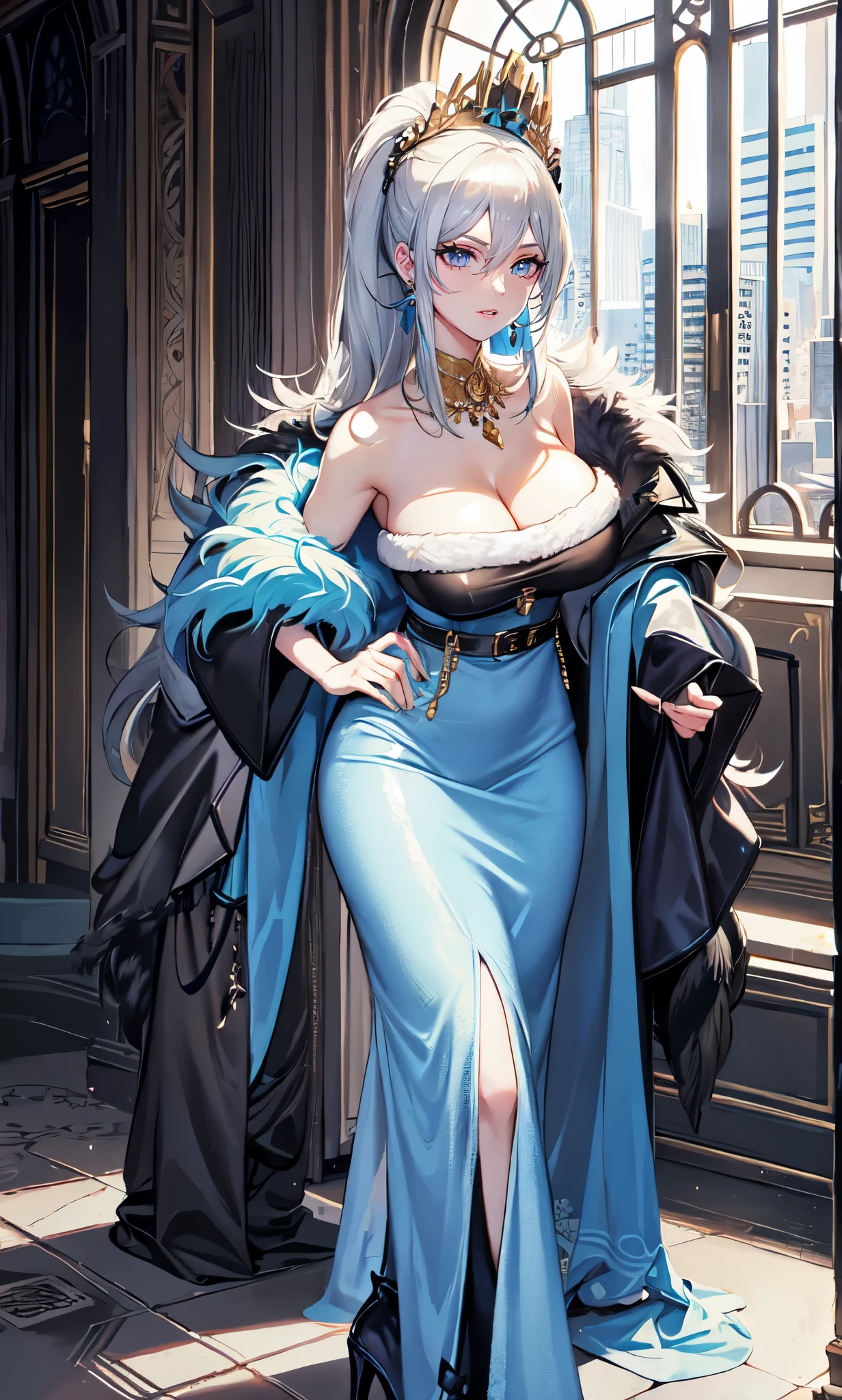 Noble Mansion,(gray hair:2.0),Slender high straight ponytail,gold headband,Standing close-up,dream world,Mature lady,(Slender blue phoenix eyes,lipstick,long eyelashes),long eyelashes,Contact lenses,gemstone gold necklace,(Off-shoulder blue fur dress,fur tube top,fur strapless,wide cuffs,Long skirt,belt:2.0),fur tube top(big breast)ballroom background,(soft light and shadow:1.9),fur high heels,plush high heels,Detailedly drawn backgrounds