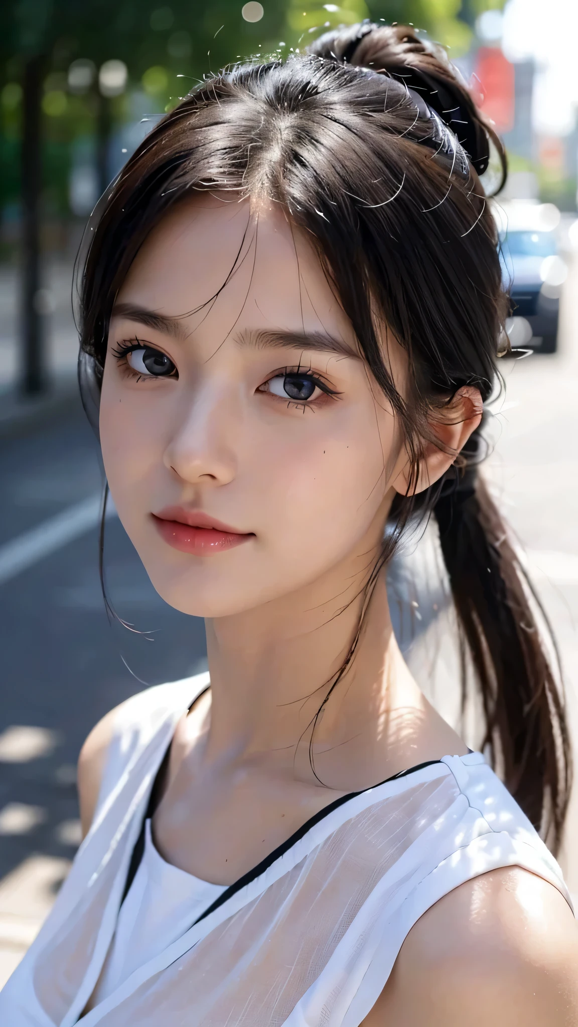 One woman,fully body photo,masutepiece, The highest image quality, High quality, the background is clear,Beautiful woman, Japanese, Detailed, Detailed eyes, Detailed skin, Beautiful skin, 超hight resolution, (reality: 1.4),Very beautiful woman, Slightly younger face, Beautiful skin, slender, (Ultra photo realsisim), (hight resolution), (8K), (Very detailed) (beautifully detailed eyes), (super detailed), (Detailed face), view the viewer, Fine details, Detailed face, Staring straight ahead, Staring straight ahead, photos realistic, Bright lighting, Professional Lighting, Black hair,poneyTail,a baby face,sixteen years old,Hairstyle is ponytail,long ponytail hairstyle,slight smile,neat and tidy clothing,European Streets