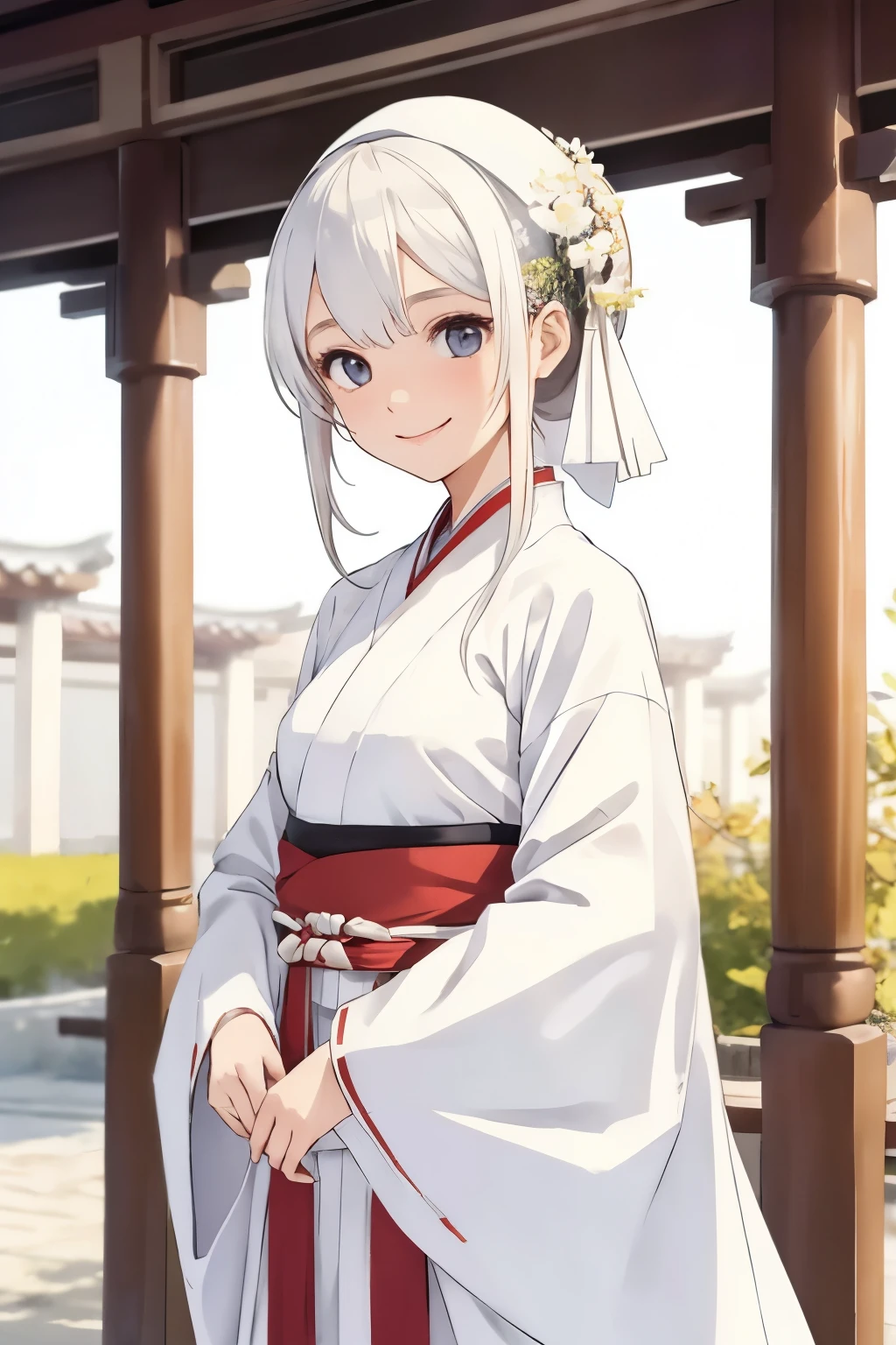 a girl，white hanfu，Smile