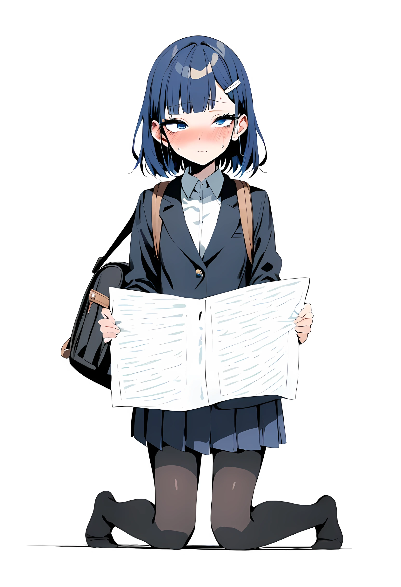 masterpiece, best quality, perfect hands, kneeling, showing a peice of paper, holding paper, facing viewer, (blush, looking away, sweating, very nervous expression), medium shot, standing, 1girl, solo, negative space, ((simple white background, white background)), a girl in a school uniform, half closed eyes, detailed eyelashes, sharp eyes, dark royal blue hair, medium length hair, hair behind ear, black hairclip, side bangs, (black blazer, black pleated skirt, black tights), simple, facing viewer, manga illustration style, bangs, black backpack, 18 years old, rating: safe