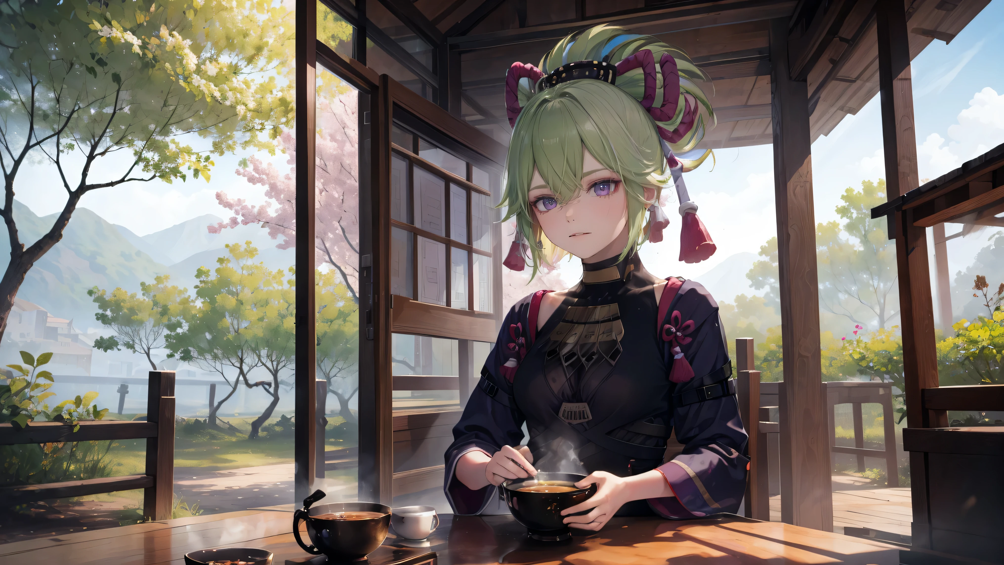 (best quality,8k,height,Masterpiece:1.2),(realistic,photorealistic,photo-realistic:1.37), Mr. Ta Si, a purple traditional Japanese bakery,Beautifully detailed eyes,happiness,glowing eyes,smile,บรรยากาศquiet,Traditional Japanese clothing,work(best quality,Comprehensive,advertisement:1.2),bright and warm,sweet and sleepy,complete happiness,smileสดใส,cherry tree,quiet,aroma,dreamlike,bright colors,delicate light,Traditional Japanese tea set,Lively atmosphere, Looking at the audience from the front, พื้นหลังเป็นเมืองญี่ปุ่นเก่าแก่ที่มีcherry tree.,