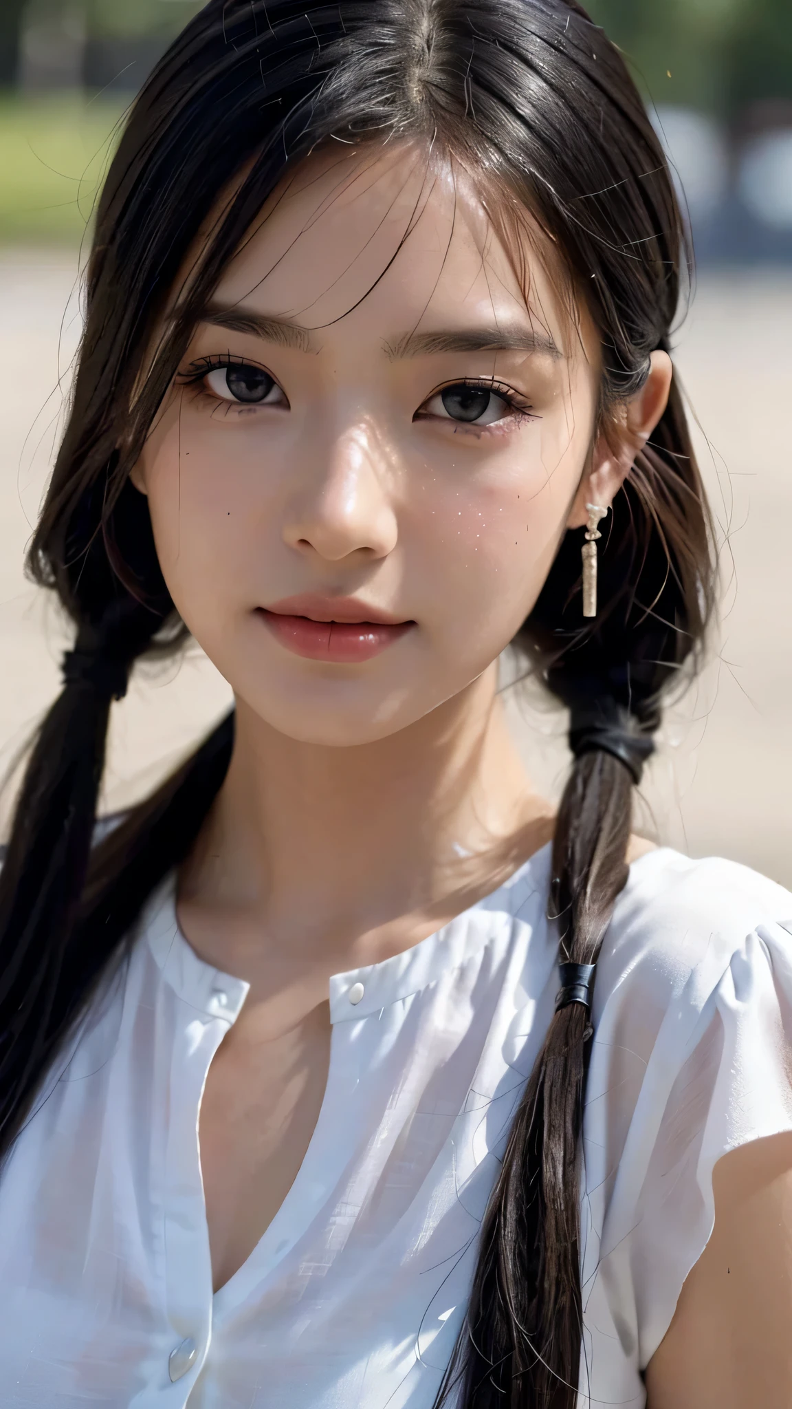 One woman,fully body photo,masutepiece, The highest image quality, High quality, the background is clear,Beautiful woman, Japanese, Detailed, Detailed eyes, Detailed skin, Beautiful skin, 超hight resolution, (reality: 1.4),Very beautiful woman, Slightly younger face, Beautiful skin, slender, (Ultra photo realsisim), (hight resolution), (8K), (Very detailed) (beautifully detailed eyes), (super detailed), (Detailed face), view the viewer, Fine details, Detailed face, Staring straight ahead, Staring straight ahead, photos realistic, Bright lighting, Professional Lighting, Black hair,poneyTail,a ,sixteen yTail,ロングのponeyTailの髪型,slight smile,neat and tidy clothing,European Streets