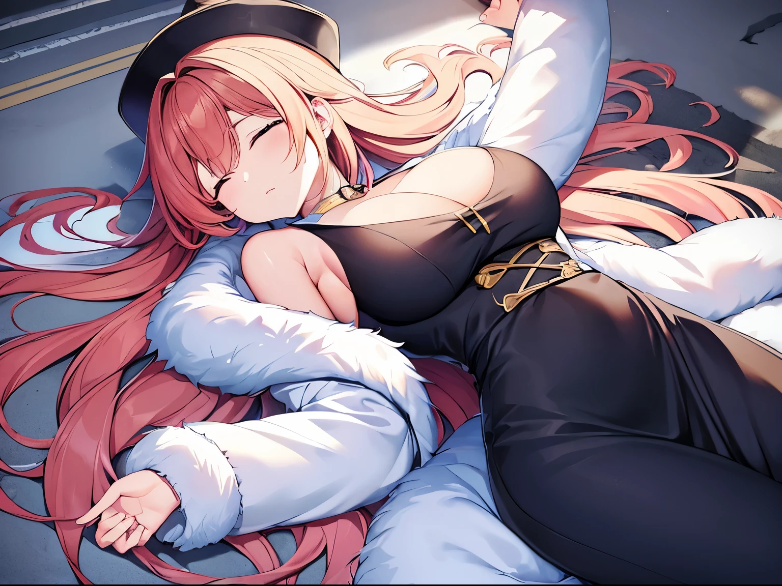 highest quality、One 30 year old older sister、Wearing a voluminous fluffy fur coat、He is lying unconscious on the roadside.、I'm exhausted、Both eyes are closed、very long and wide hair、whole body、