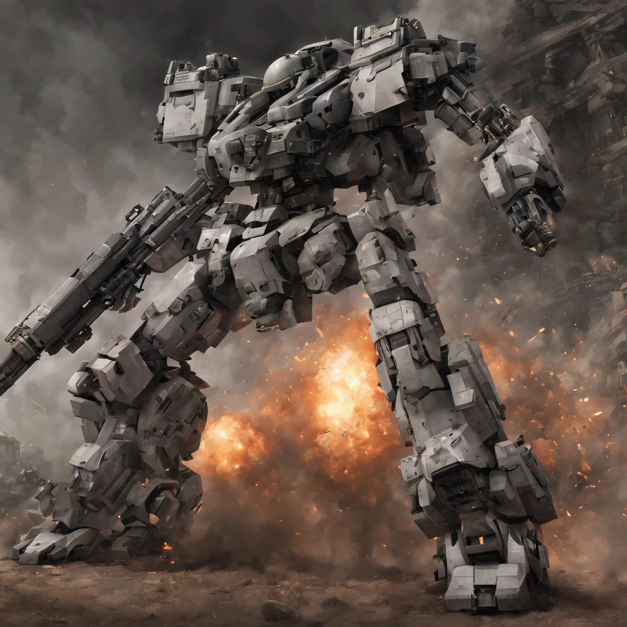 A giant robot is standing, big head, finding, rifle, missile pod, machine gun, Huge cannon, very detailed, battlefield, fire, cigarette, explosion, armored core style,