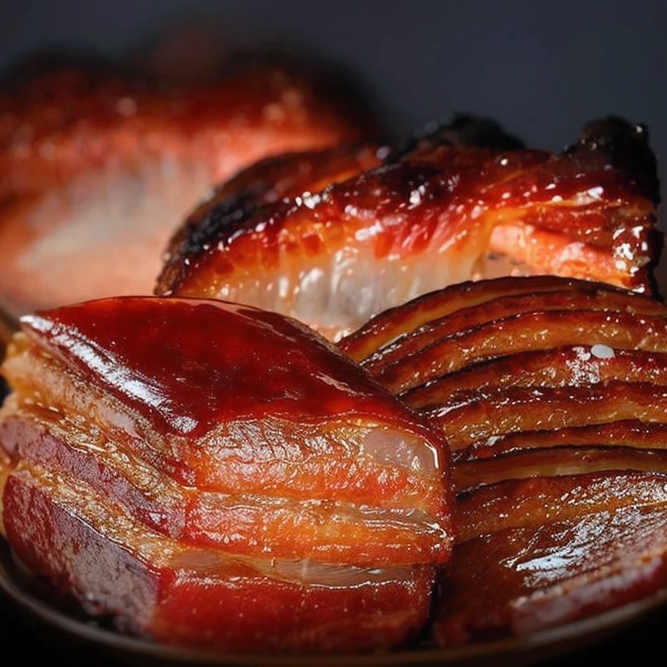 there is a plate oI bacon on a table with a Iork, พื้นรมsmoke, bacon, there'smoke., woodIired, enamel, proIessional Iood photography, delicious, แรงบันดาลใจจากเพ็กกี้bacon, close up Iood photography, super realistic Iood picture, I 2. 0, Tanjiro Kamado, Also, Shogakukan, I/3.5