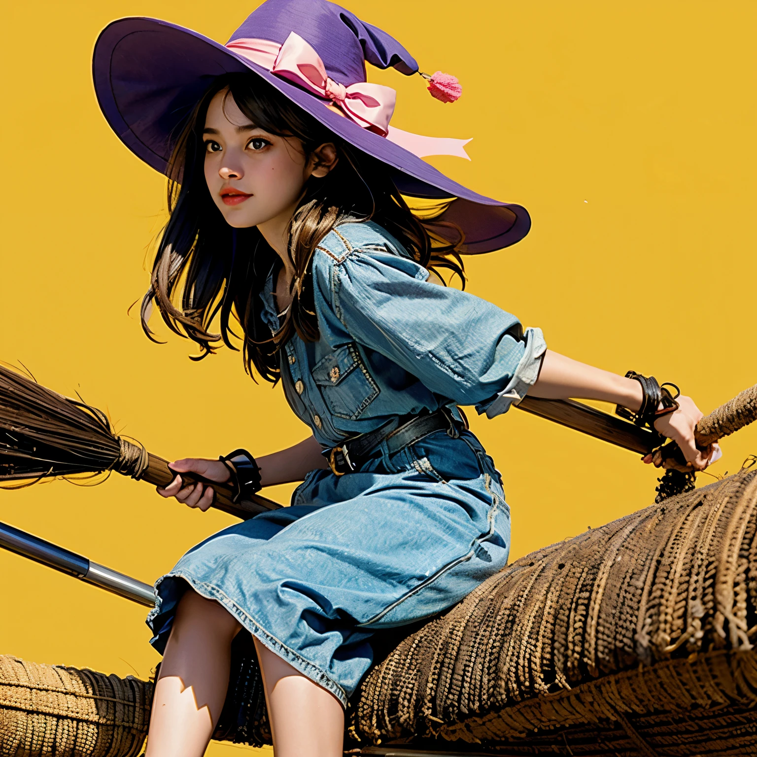 a girl,Wearing a magic hat,Riding a broom