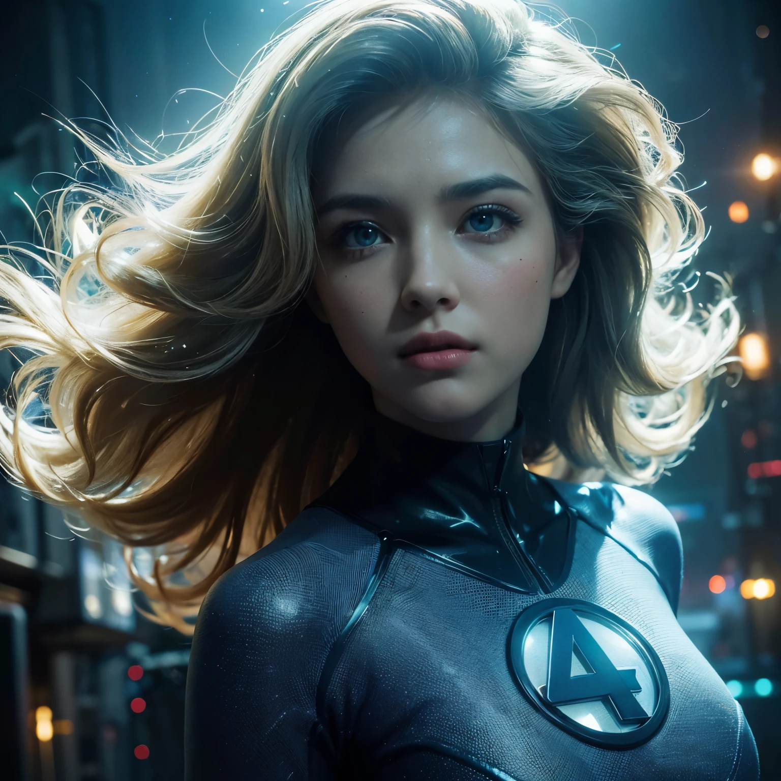 (Ultra-detailed eyes), ((very sharp photo result & detailed face)) (((textile shading))), (((Best Quality))), (((masterpiece))), (((Ultra-detailed CG))), backlight shoot caucasian 35-year old fantastic four invisible woman, (((classic sci-fi suits with "4" logo on chest))) (blue light ones))), (tiny chest), shaggy blonde hair, ((waving by winds, gorgeous hair)), blue eyes, ((striking a pose)), neon lights environtment, inside hi-tech space facility, gritty atmosphere,4K, perfect, (((Game CG)) (gorgeous, charisma girl), neon lights,vibrant colors,night scene, gritty atmosphere,4K, perfect anatomy & correct anatomically hand & fingers. cinematic action pose, bokeh, dynamic perpective, taken with Fujifilm XF 56mm f/1.2 R Lens. HDR10 8K.