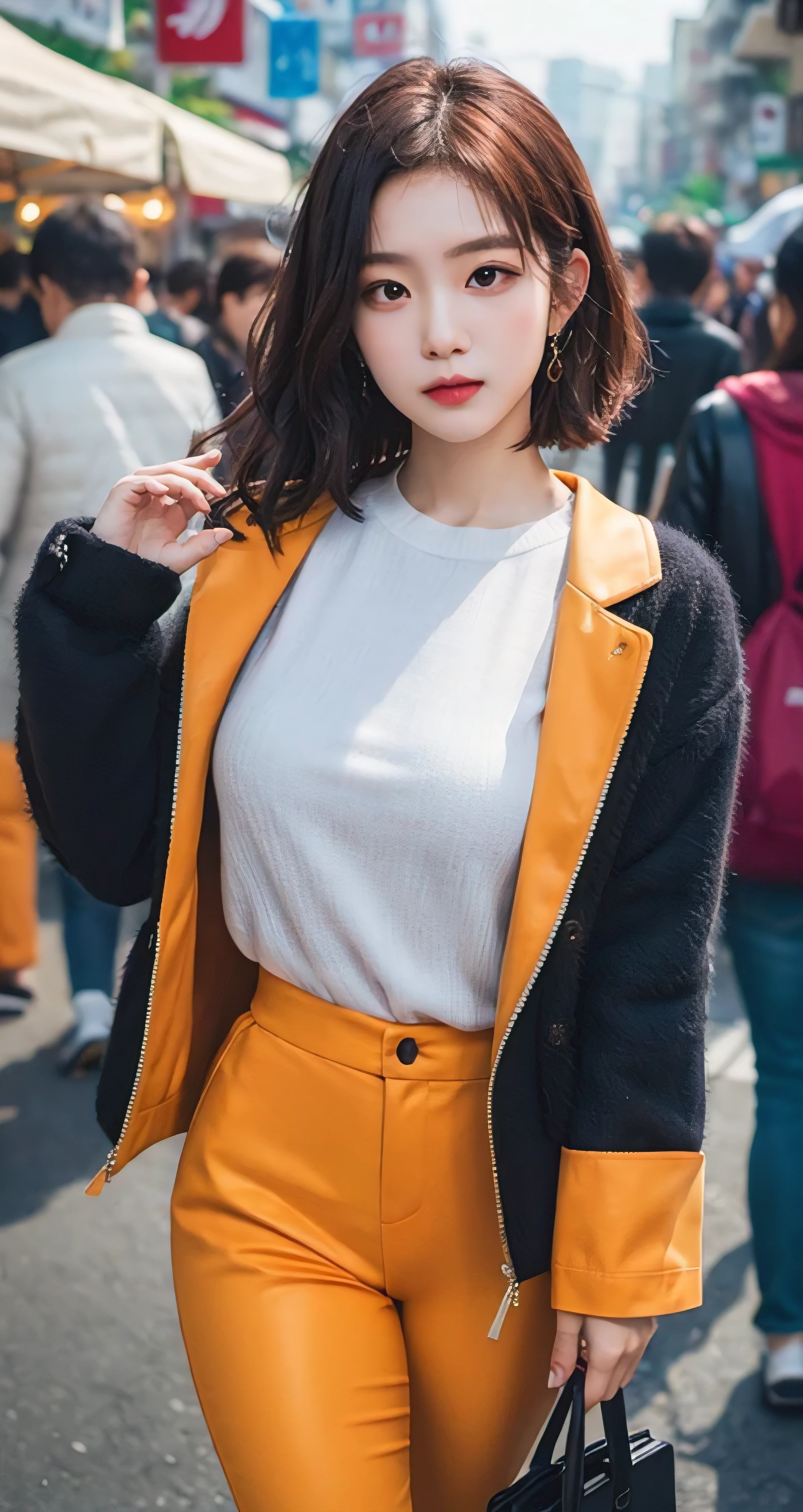 Best Quality Detail:1.2, realisitic, 8K UHD, hight resolution, 1girl in:1.2, The ultra-detailliert, High quality textures, intricate detailes, detaileds, Very detailed CG, High quality shadows, Detail Beautiful delicate face, Detail Beautiful delicate eyes, depth of fields, Ray traching, masterpiece, best quality,ulzzang -6500-v1.1:0.6, pureerosface_v1, Pretty korean Girl, Korean Urzan Face:1.1, milf, 28 year old woman,short neon orange hair,shiny_skin,thin_waist,gigantic breasts,wearing orange pajamas with black jacket outer, 4K, 8K UHD Full Color RAW Photos, Fuji Film(Medium format:1.2), Hasselblad:1.2, Carl zeiss:1.1, Incredible dynamic range photography(UTIL_Art by Smoose-768:1.1), hight resolution, High pixel count, clear details, crisp image, Natural color reproduction, Noise Reduction, High fidelity, qulity, Software Improvements, Upscaling, Optimized algorithms, Pro-level retouching,crowd:1.1,depth of field,looking at viewer,random pose walking at the Daegu street market background,random sexy pose walking at the Daegu street market
