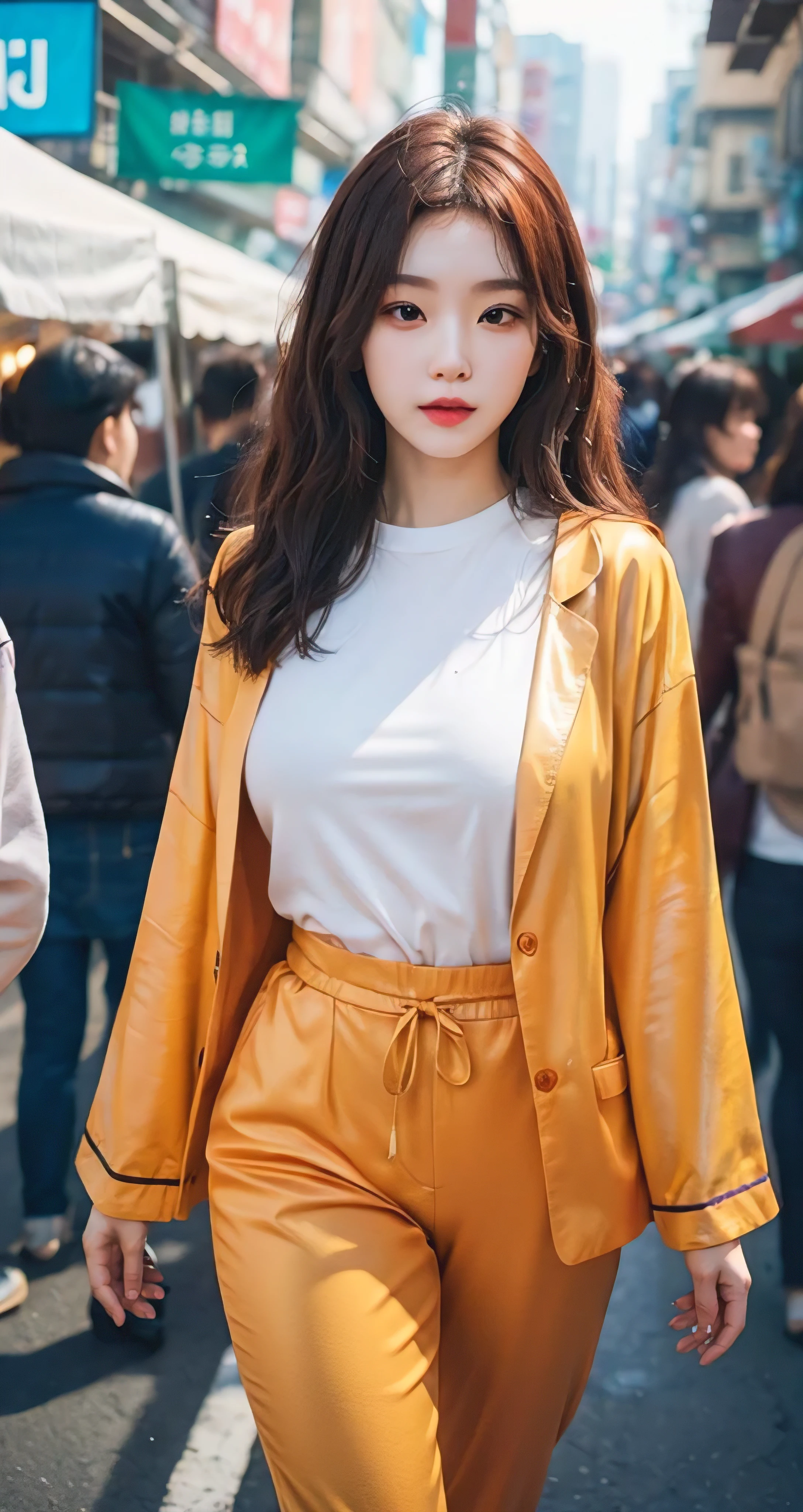 Best Quality Detail:1.2, realisitic, 8K UHD, hight resolution, 1girl in:1.2, The ultra-detailliert, High quality textures, intricate detailes, detaileds, Very detailed CG, High quality shadows, Detail Beautiful delicate face, Detail Beautiful delicate eyes, depth of fields, Ray traching, masterpiece, best quality,ulzzang -6500-v1.1:0.6, pureerosface_v1, Pretty korean Girl, Korean Urzan Face:1.1, milf, 28 year old woman,short neon orange hair,shiny_skin,thin_waist,gigantic breasts,wearing orange pajamas with black jacket outer, 4K, 8K UHD Full Color RAW Photos, Fuji Film(Medium format:1.2), Hasselblad:1.2, Carl zeiss:1.1, Incredible dynamic range photography(UTIL_Art by Smoose-768:1.1), hight resolution, High pixel count, clear details, crisp image, Natural color reproduction, Noise Reduction, High fidelity, qulity, Software Improvements, Upscaling, Optimized algorithms, Pro-level retouching,crowd:1.1,depth of field,looking at viewer,random pose walking at the Daegu street market background,random sexy pose walking at the Daegu street market