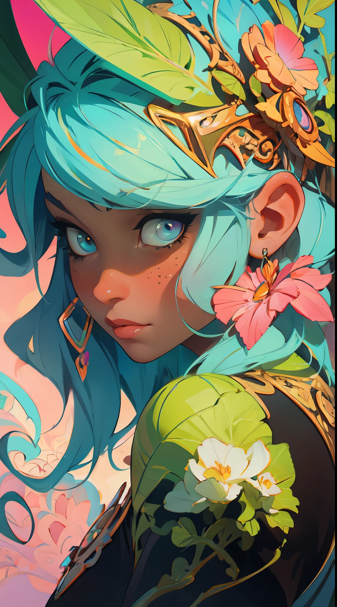 Symmetry, Finely Detailed Elaborate Ornate Alien Queen Goddess with Elaborately Detailed Colorful Eyes; by Lisa Frank, jeff koons, Orange and  Dark Pink, and Yellow and Dark Blue, pretty face, intricate, elegant, highly detailed, digital painting, art station, concept art, smooth, sharp focus, illustration, art by art germ and greg rutkowski and alphonse mucha, 8k