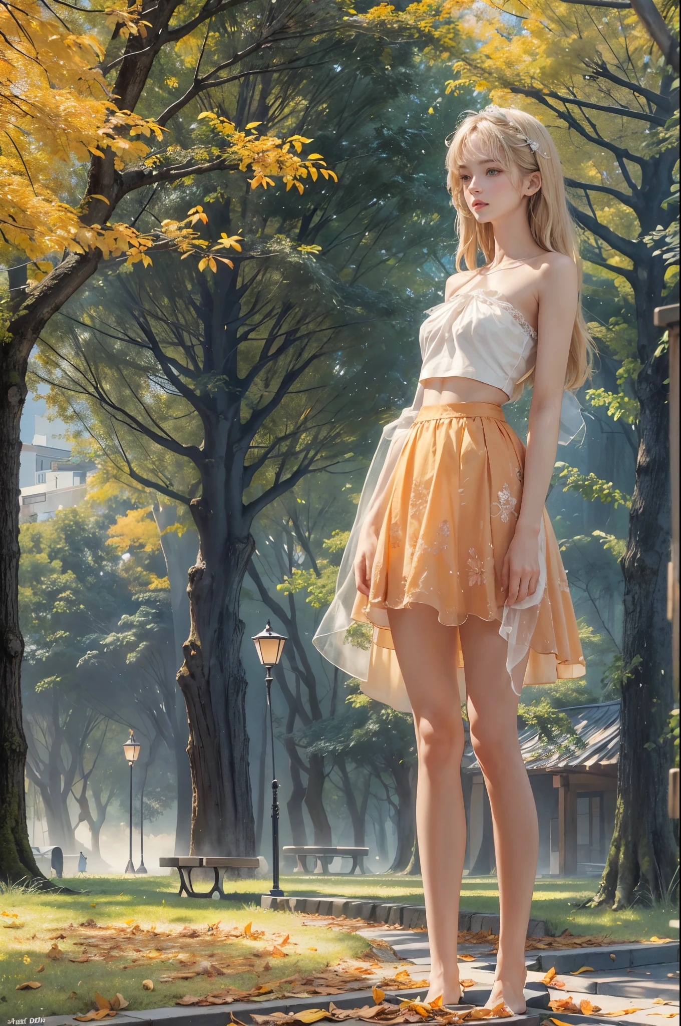 masterpiece, best quality, high quality, High definition, High quality texture, High quality shadow, high detail, beautiful detailed, finely detailed, extremely detailed cg, detailed texture, a realistic representation of the face, realistic, colorful, delicate, sharp focus, (intricate details, makeup, PureErosFace_V1:0.5), (detailed beautiful delicate face, detailed beautiful delicate eyes, a face of perfect proportion, high detailed skin, detailed skin, best ratio four finger and one thumb, skiny and thin:1.3), 1girl, , tall, (smooth_abs:1.55), (abs:0.5), pretty, masterpiece, highres, (long_skinny_legs), (straight_legs), (skinny_waist), (((fair skin))), white skin, (((pale skin))), (Emma_watson), big_breast, (((Caucasian))), Light blonde hair, full body, portrait of 1 cute blonde girl, film grain, Fujifilm XT3, dreamy. ((full body)), ((from side)), ((Sit on a park bench, slender leg)), cropped shoulders, ((orange sport bandeau)), showing abdomen, Short orange short skirt, (Campus style), autumn afternoon warm lights, bloom, orange fog, motion, Simple blurred background, orange fruit,