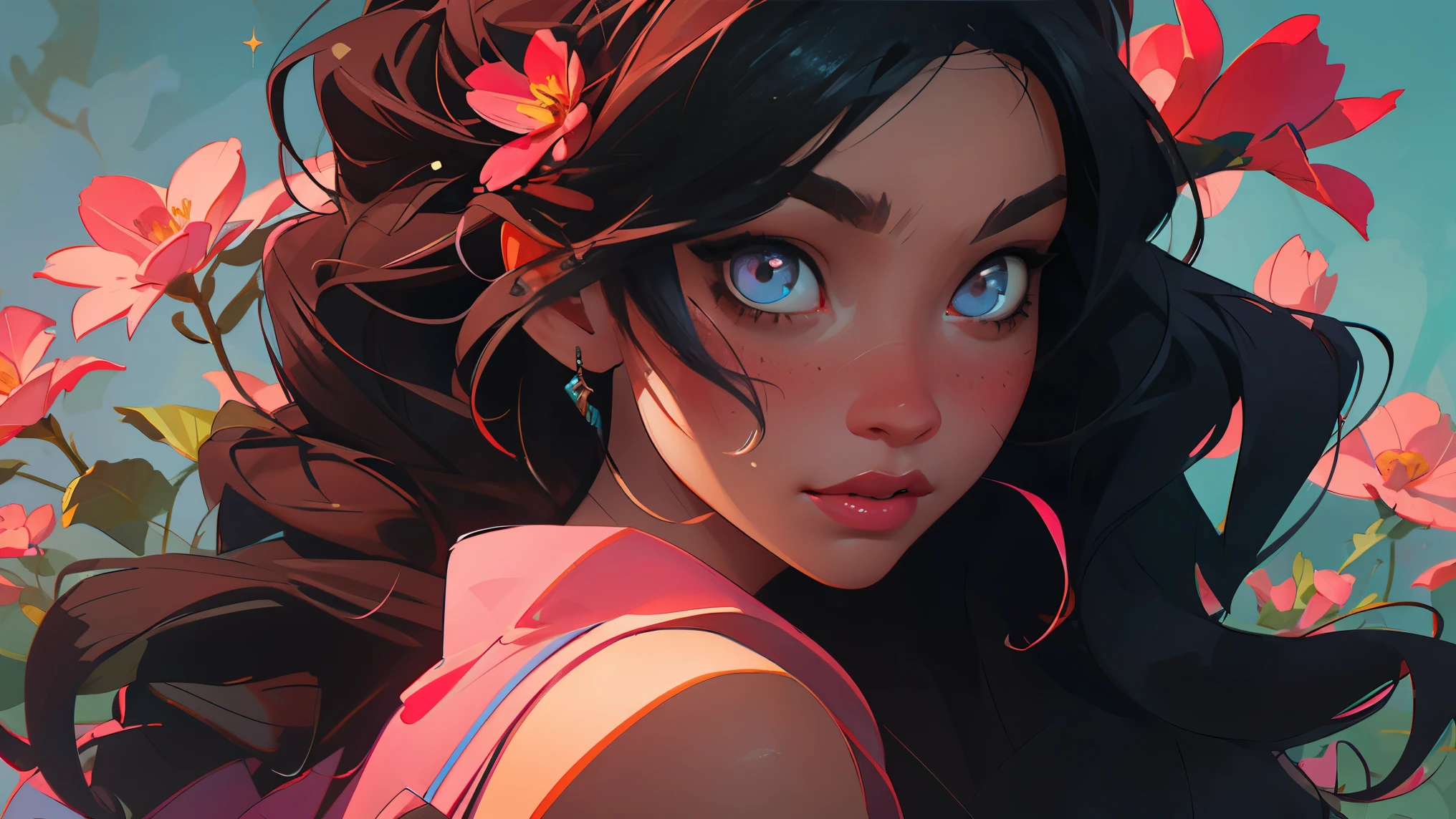 pink flower fox siren with dark detailed pretty sparkly eyes & messy furry hair, completely covered in flowers and plants, unique face, interesting features, resembling Camila Cabello & Eiza González; cinematic, ultra detailed portrait, vintage, detailed, concept art, digital painting, warm, pink, blue, triadic colors, intricate details, sharp focus, trending on Artstation, intricate face; hyper detailed illustration by Ant Lucia; CGSociety, ZBrush Central, mythical art, high resolution, dramatic, high contrast, intense backlighting