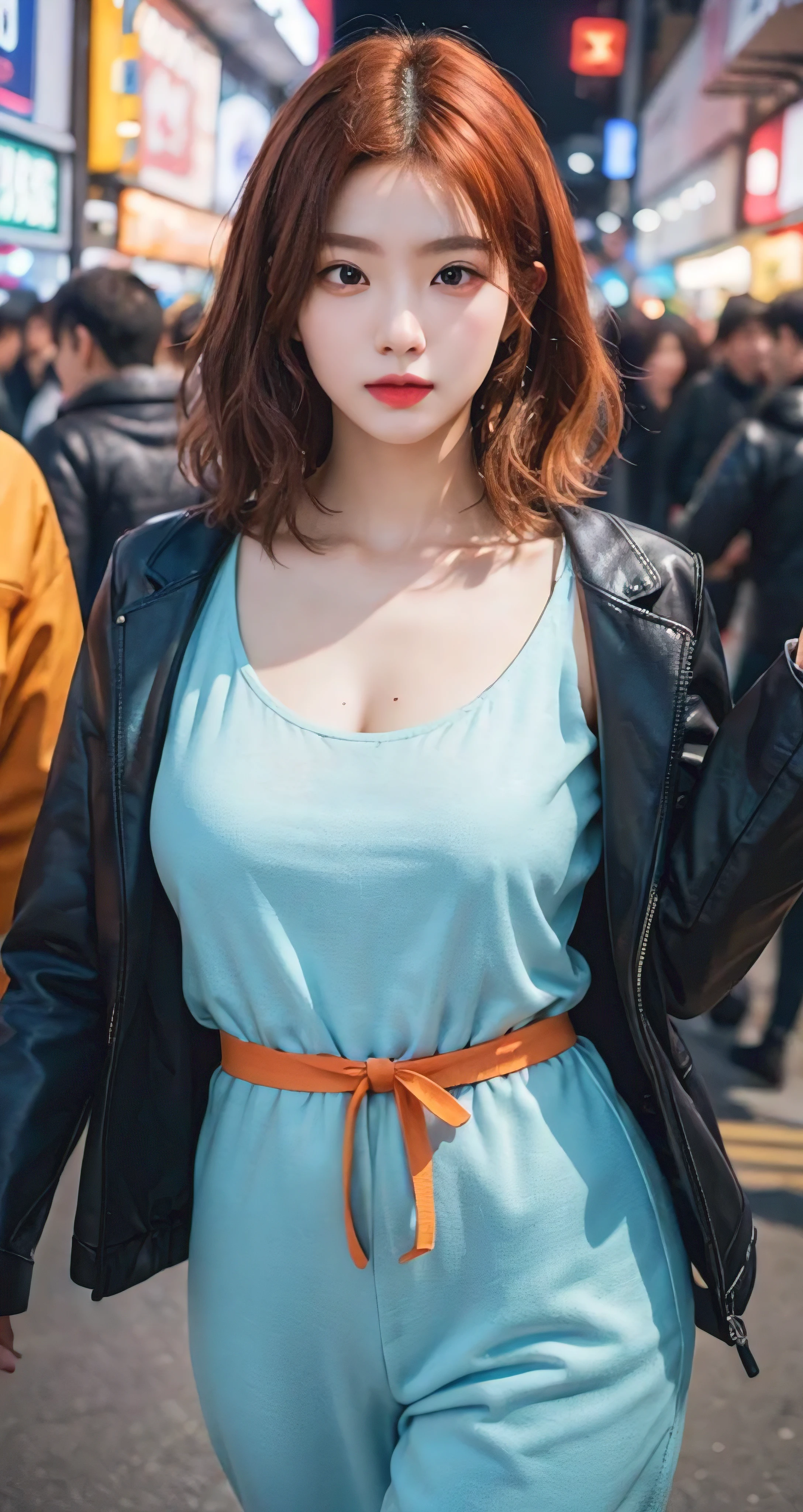 Best Quality Detail:1.2, realisitic, 8K UHD, hight resolution, 1girl in:1.2, The ultra-detailliert, High quality textures, intricate detailes, detaileds, Very detailed CG, High quality shadows, Detail Beautiful delicate face, Detail Beautiful delicate eyes, depth of fields, Ray traching, masterpiece, best quality,ulzzang -6500-v1.1:0.6, pureerosface_v1, Pretty korean Girl, Korean Urzan Face:1.1, milf, 28 year old woman,short neon orange hair,shiny_skin,thin_waist,gigantic breasts,wearing orange pajamas with black jacket outer, 4K, 8K UHD Full Color RAW Photos, Fuji Film(Medium format:1.2), Hasselblad:1.2, Carl zeiss:1.1, Incredible dynamic range photography(UTIL_Art by Smoose-768:1.1), hight resolution, High pixel count, clear details, crisp image, Natural color reproduction, Noise Reduction, High fidelity, qulity, Software Improvements, Upscaling, Optimized algorithms, Pro-level retouching,crowd:1.1,depth of field,looking at viewer,random pose walking at the Daegu street market background,random sexy pose walking at the Daegu street market