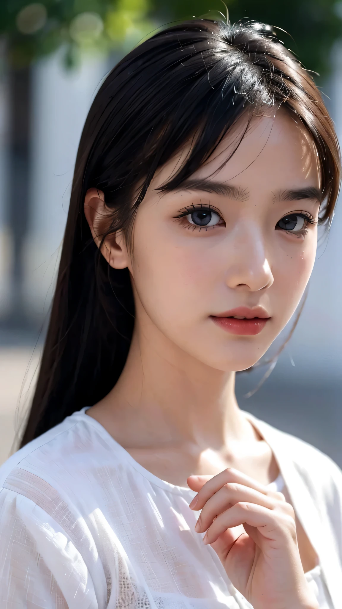 One woman,fully body photo,masutepiece, The highest image quality, High quality, the background is clear,Beautiful woman, Japanese, Detailed, Detailed eyes, Detailed skin, Beautiful skin, 超hight resolution, (reality: 1.4),Very beautiful woman, Slightly younger face, Beautiful skin, slender, (Ultra photo realsisim), (hight resolution), (8K), (Very detailed) (beautifully detailed eyes), (super detailed), (Detailed face), view the viewer, Fine details, Detailed face, Staring straight ahead, Staring straight ahead, photos realistic, Bright lighting, Professional Lighting, Black hair,poneyTail,a baby face,sixteen years old,髪型はponeyTail,ロングのponeyTailの髪型,slight smile,neat and tidy clothing,European Streets