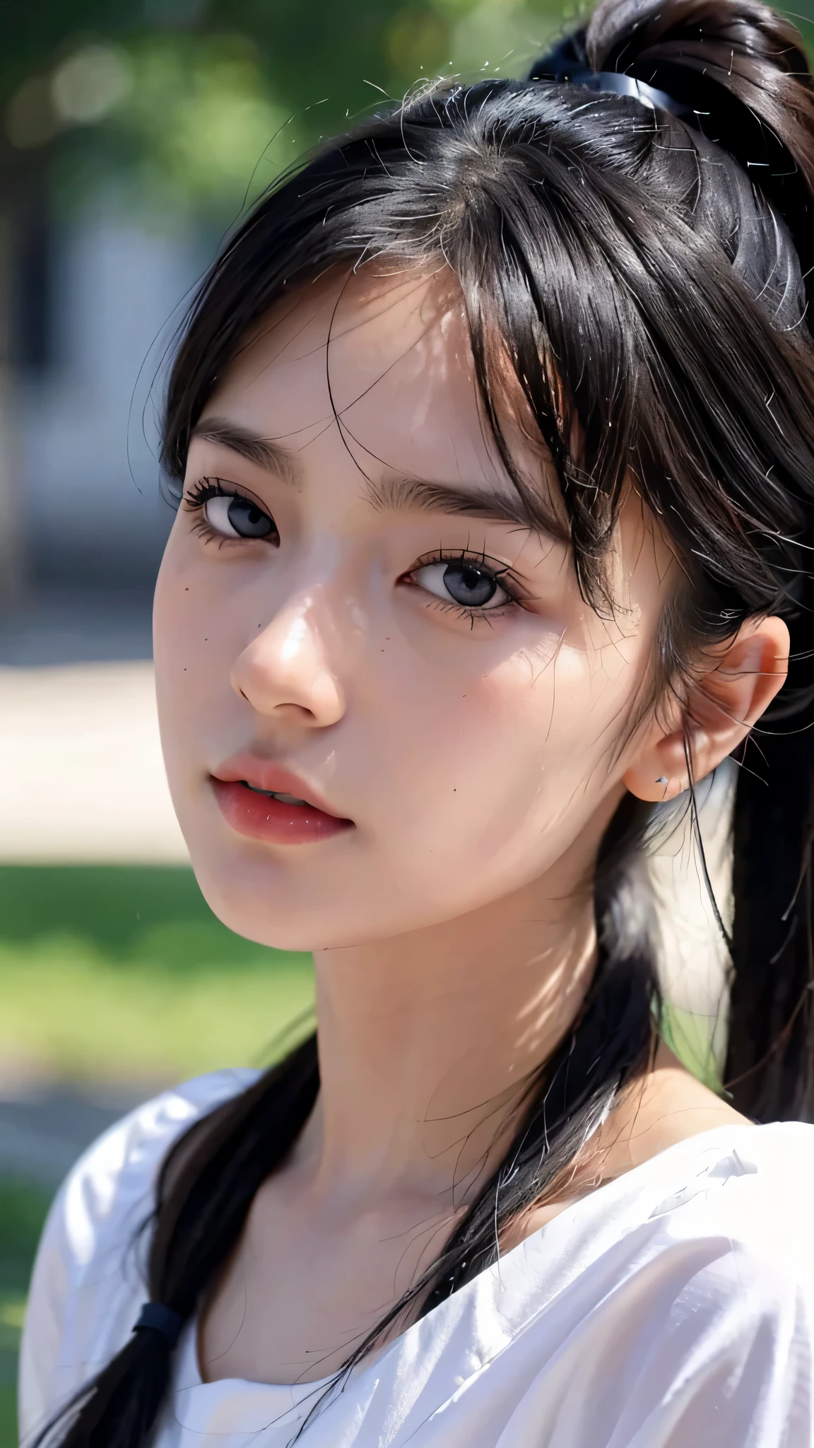 One woman,fully body photo,masutepiece, The highest image quality, High quality, the background is clear，Beautiful woman, Japanese, Detailed, Detailed eyes, Detailed skin, Beautiful skin, 超hight resolution, (reality: 1.4),Very beautiful woman, Slightly younger face, Beautiful skin, slender, (Ultra photo realsisim), (hight resolution), (8K), (Very detailed) (beautifully detailed eyes), (super detailed),   (Detailed face), view the viewer, Fine details, Detailed face, Staring straight ahead, Staring straight ahead, photos realistic, Bright lighting, Professional Lighting, Black hair,poneyTail,a baby face,sixteen years old,髪型はponeyTail,ロングのponeyTailの髪型,slight smile,neat and tidy clothing,European Streets