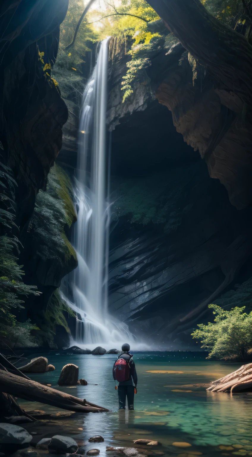 1 boy, Realistic Rin々Good person、Wear mountaineering clothes, waterfall, walking under the waterfall, turn her back to the audience, mysterious beauty, whole body, Character ratio is only 1/8, lake surface, ((Large grove)), Tyndall Ray, realism, cinematic lighting, ray tracing, optical illusion, Lens flare, 120mm, f/1.2, sony fe manager, ultra hd, retina, masterpiece, ((highest quality)), ((masterpiece)), (very detailed: 1.3)